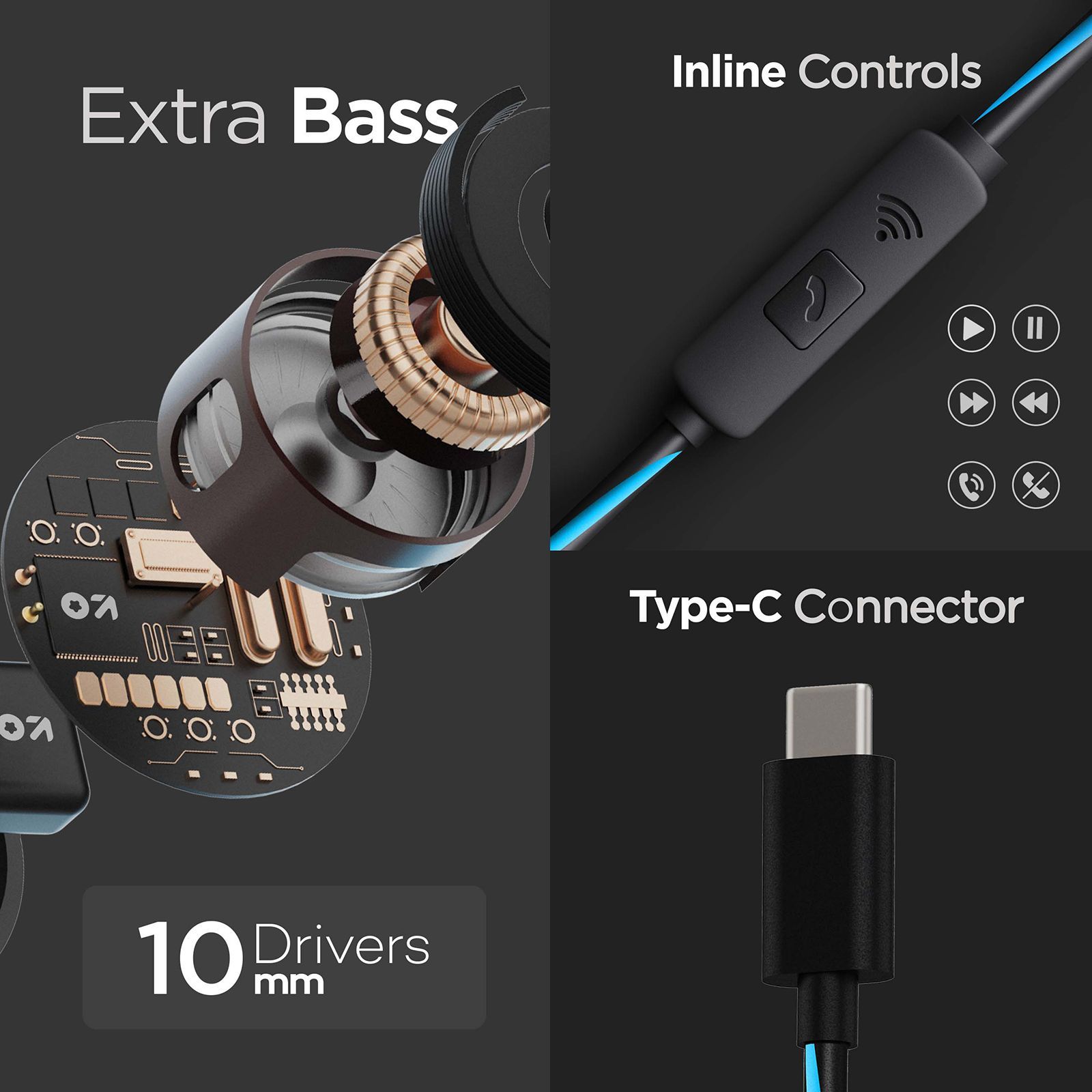 GOBOULT X1 Pro Wired Earphone with Mic (USB Type-C Connector, In Ear, Blue_3