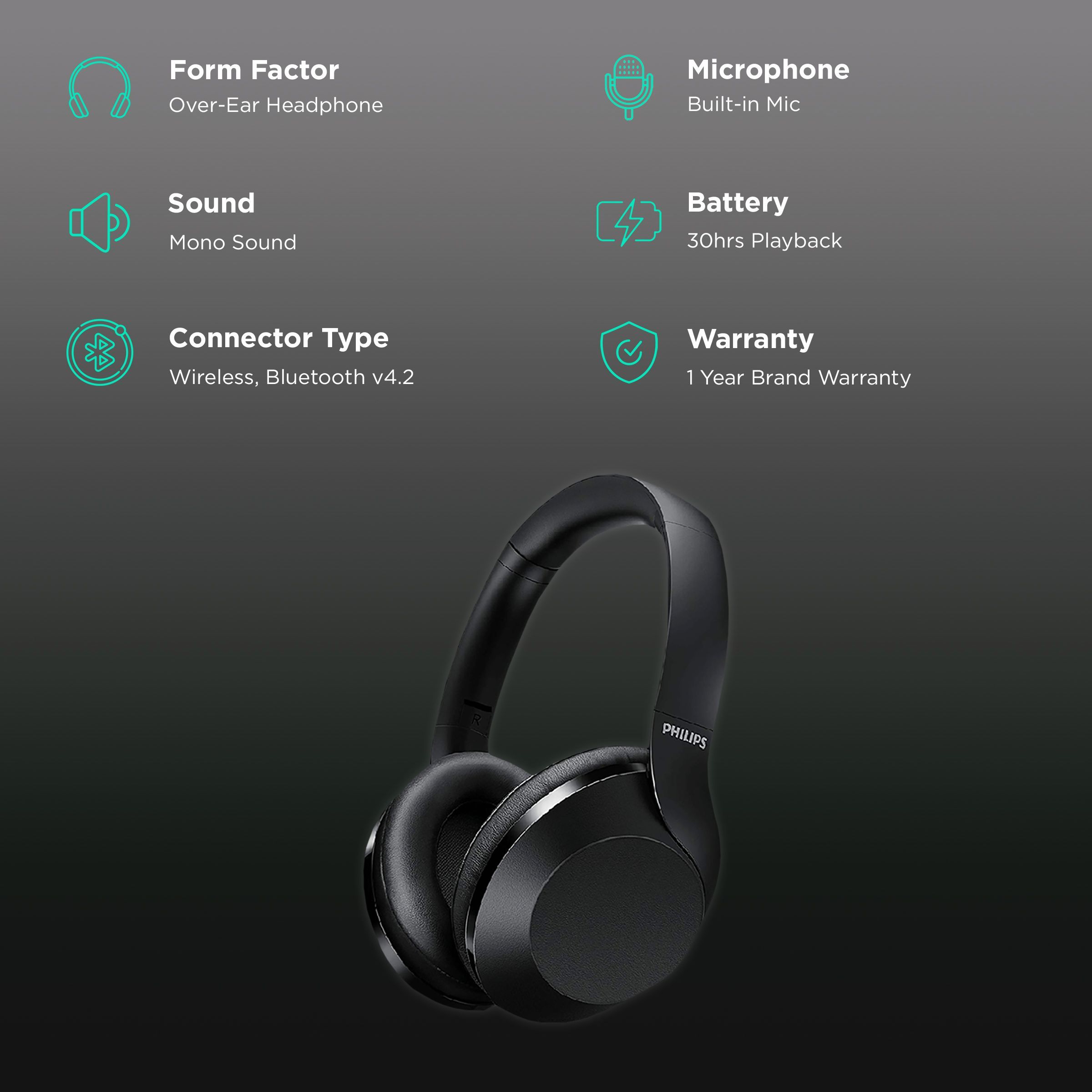 PHILIPS TAPH802 Bluetooth Headphone with Mic (Echo Cancellation, Over Ear, Black)_2