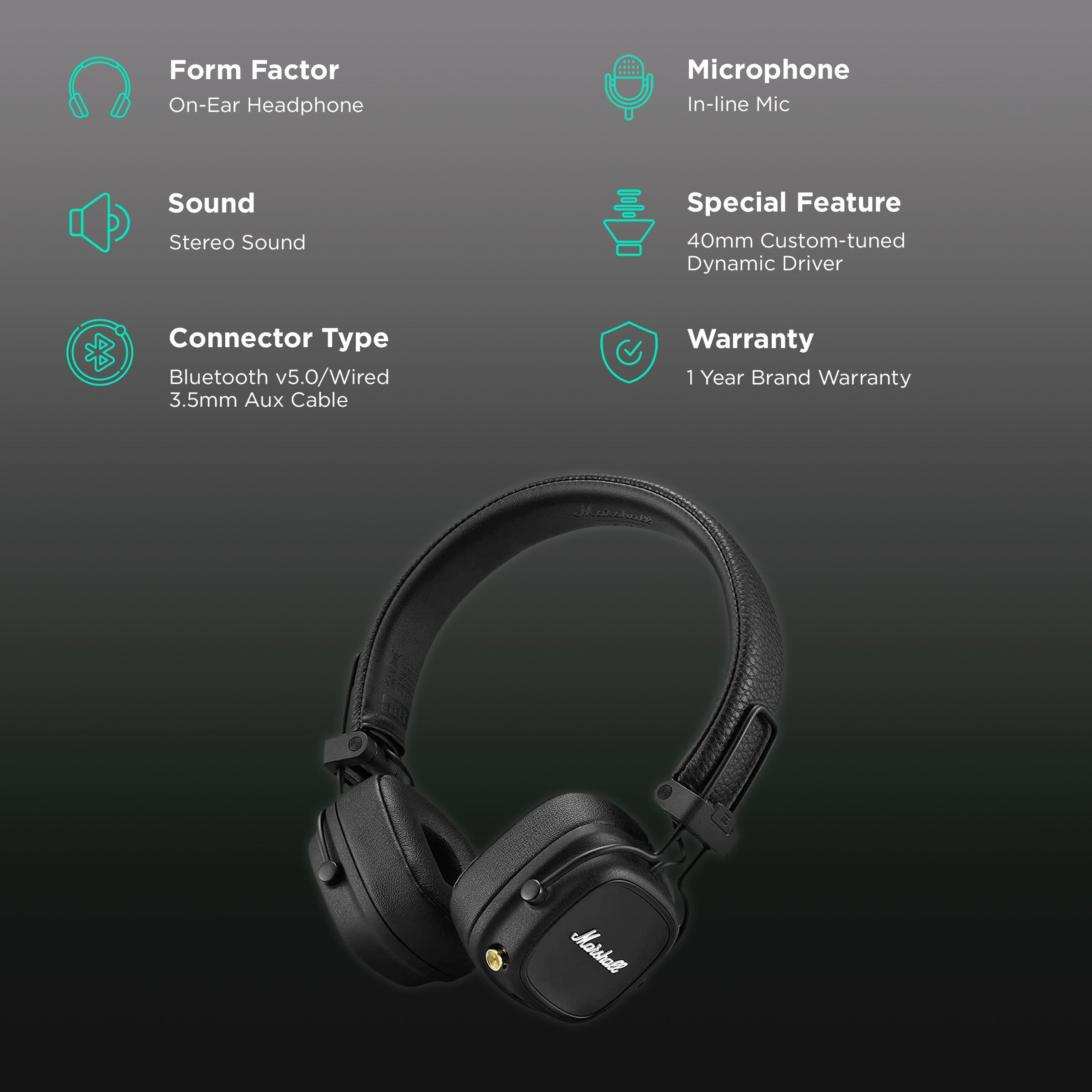 Marshall Major IV Bluetooth Headphone with Mic (Upto 80 Hours Playback, On Ear, Black)_2