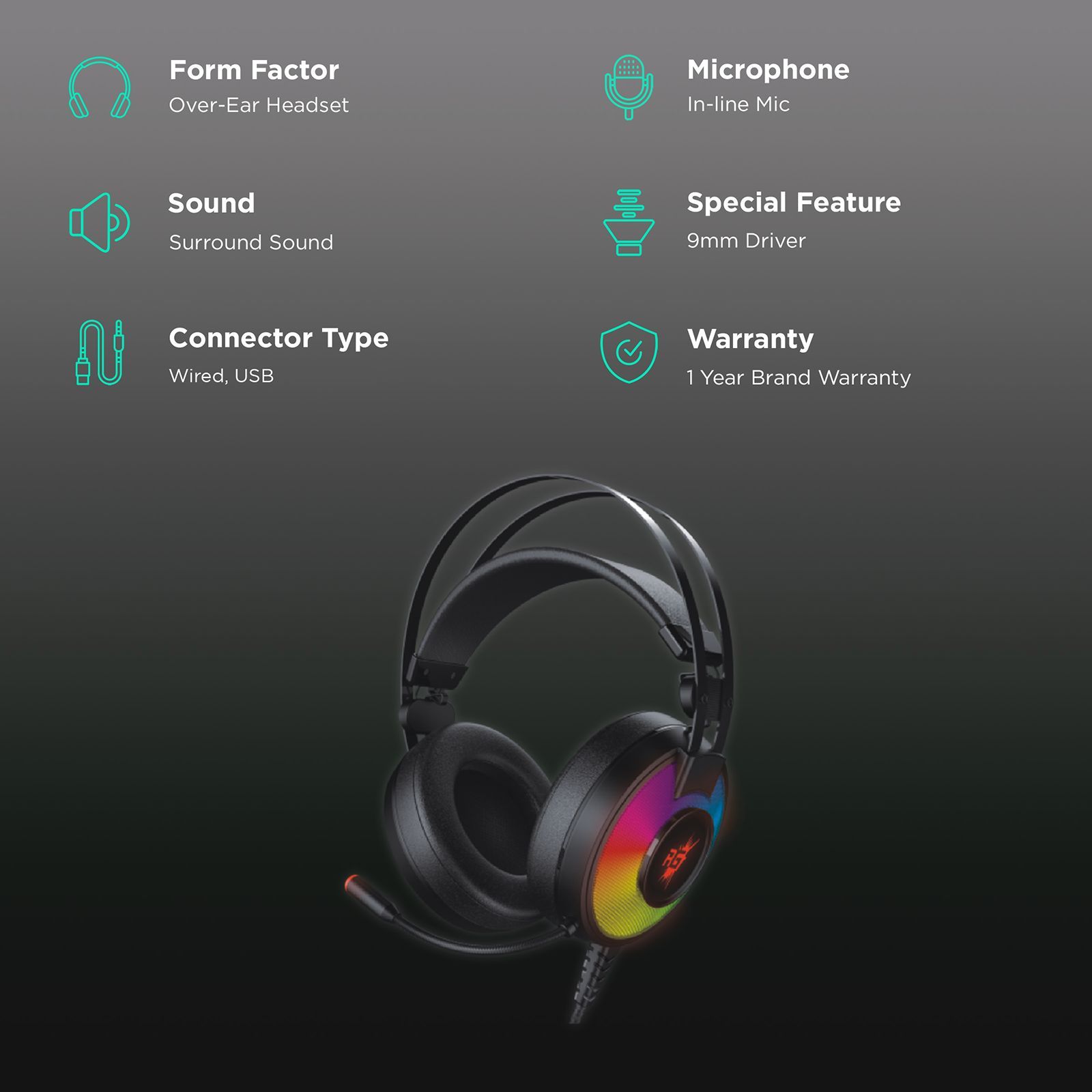 Red Gear Comet 7.1 Wired Gaming Headset with Noise Cancellation (7 Changeable LED Color, Over Ear, Black)_2