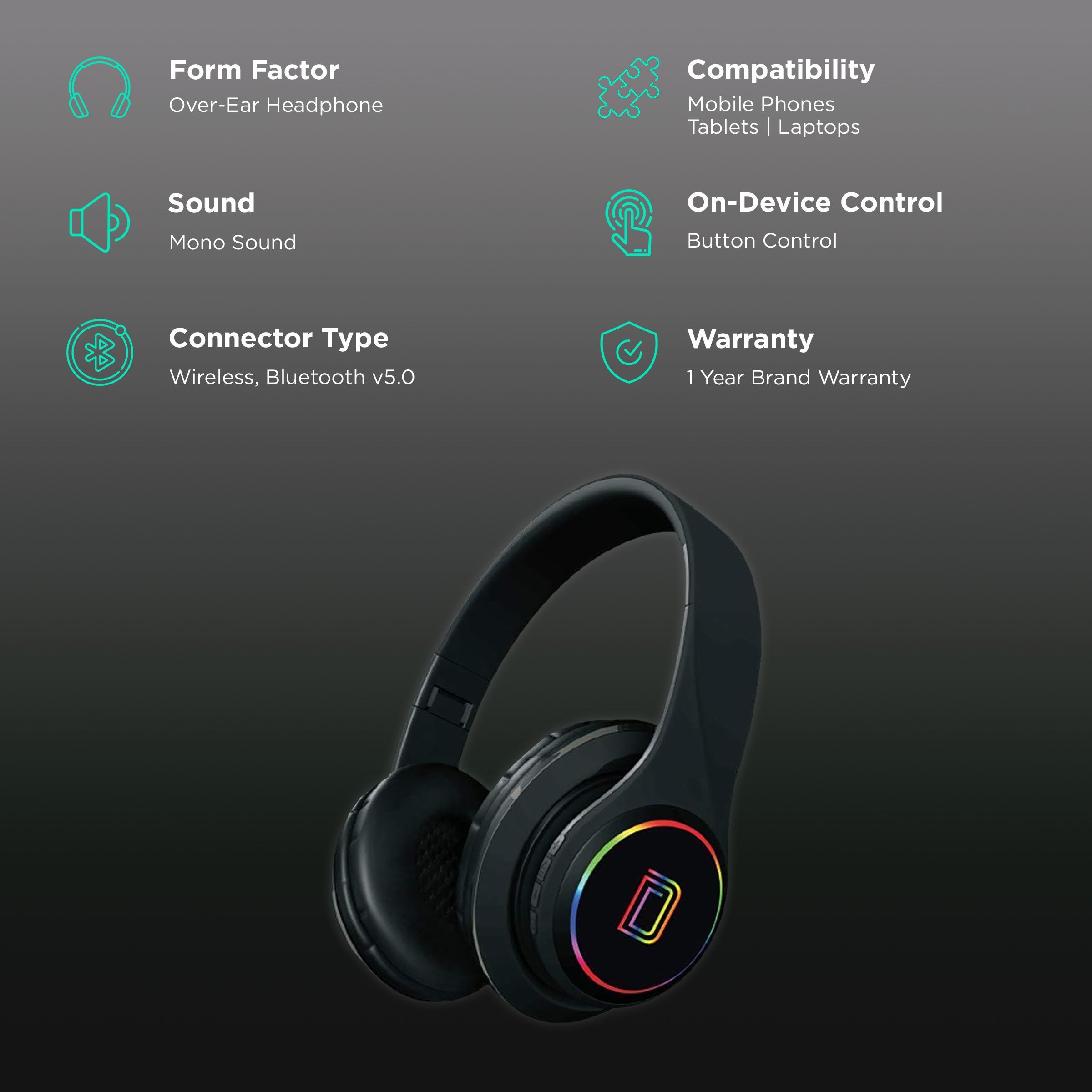 DETEL Dude Bluetooth Headphone with Mic (Over Ear, Black) DETEL Dude Bluetooth Headphone with Mic (Over Ear, Black)_2