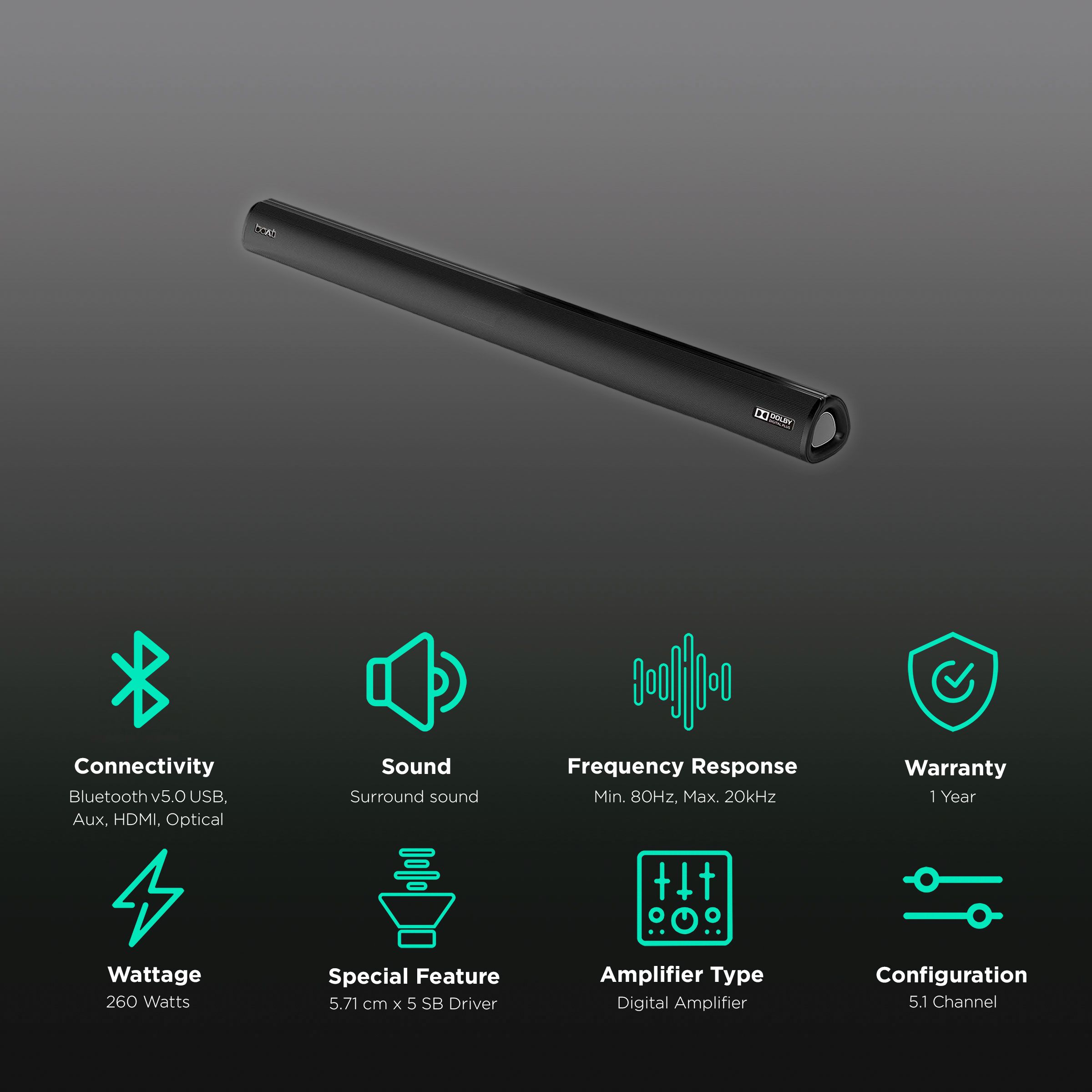 boAt Aavante Bar 3100D 260W Bluetooth Soundbar with Remote (Dolby Digital Plus Technology, 5.1 Channel, Premium Black)_2