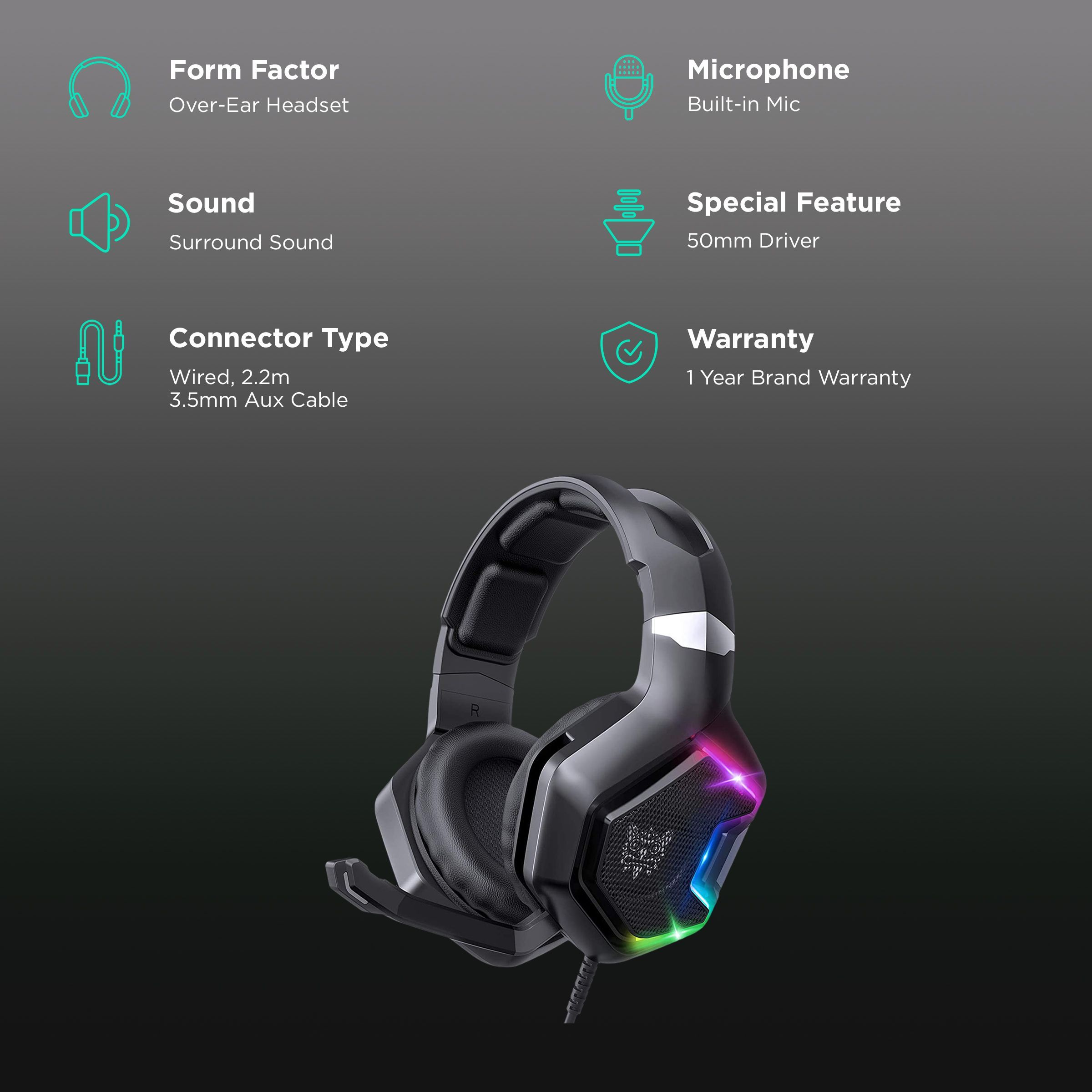 ONIKUMA K10 Pro Wired Gaming Headphone with Noise Cancellation (RGB Light, Over Ear, Black)_2