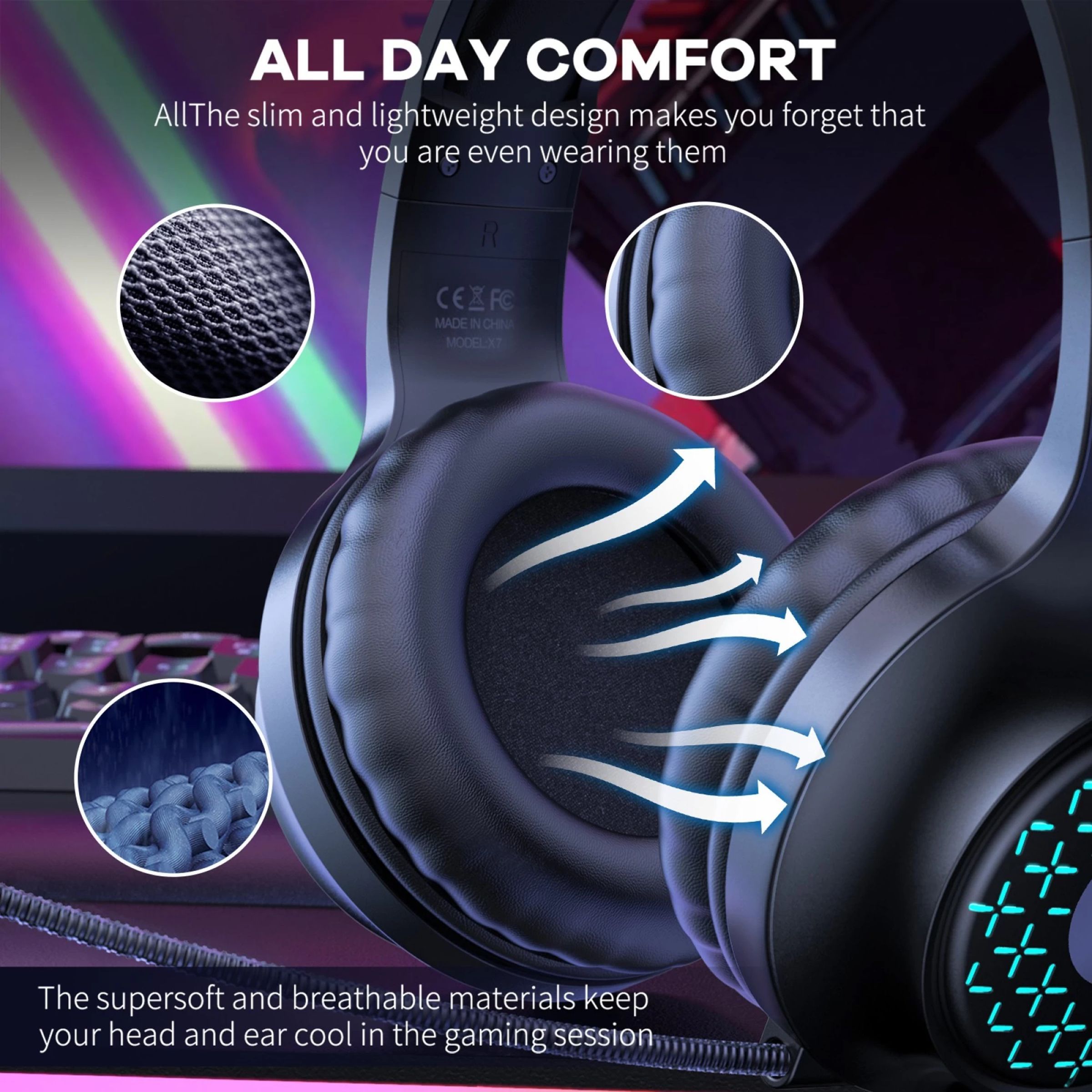 ONIKUMA X7 LED Wired Gaming Headphone with Noise Cancellation (RGB Light, Over Ear, Black)_9