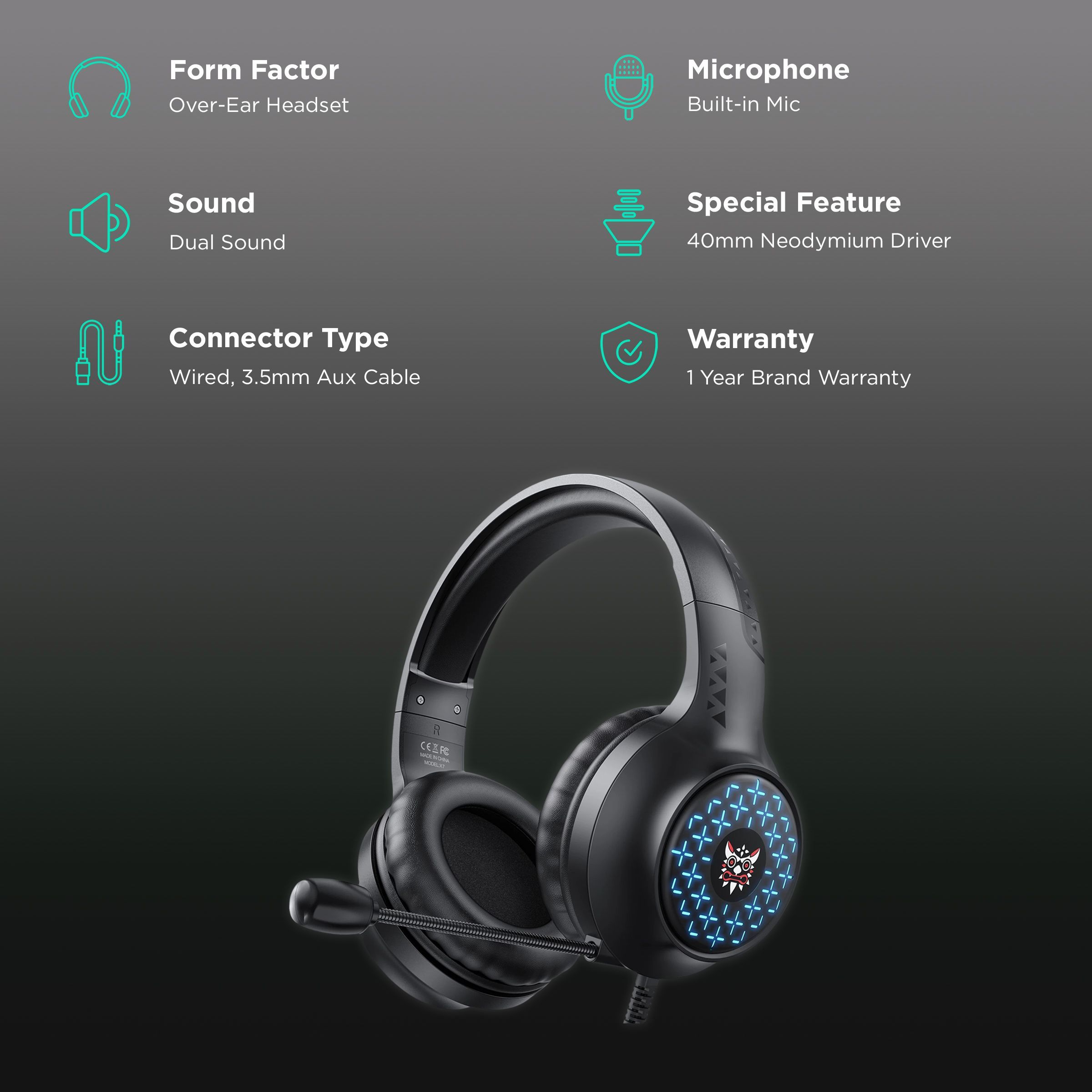 ONIKUMA X7 LED Wired Gaming Headphone with Noise Cancellation (RGB Light, Over Ear, Black)_2