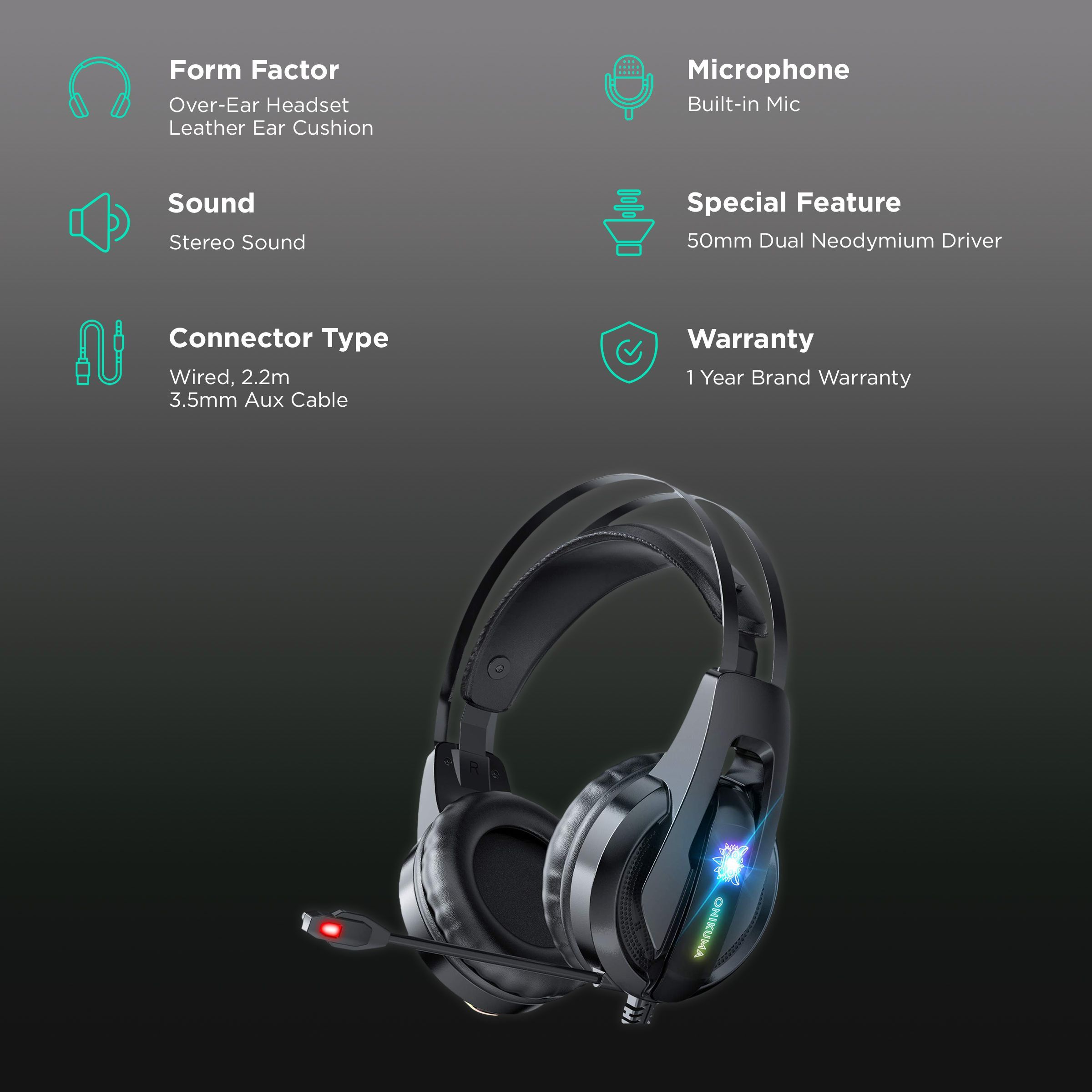 ONIKUMA K16 Wired Gaming Headphone with High Sensitive Noise Cancellation (Forbalanced Game Audio, Over Ear, Black)_2