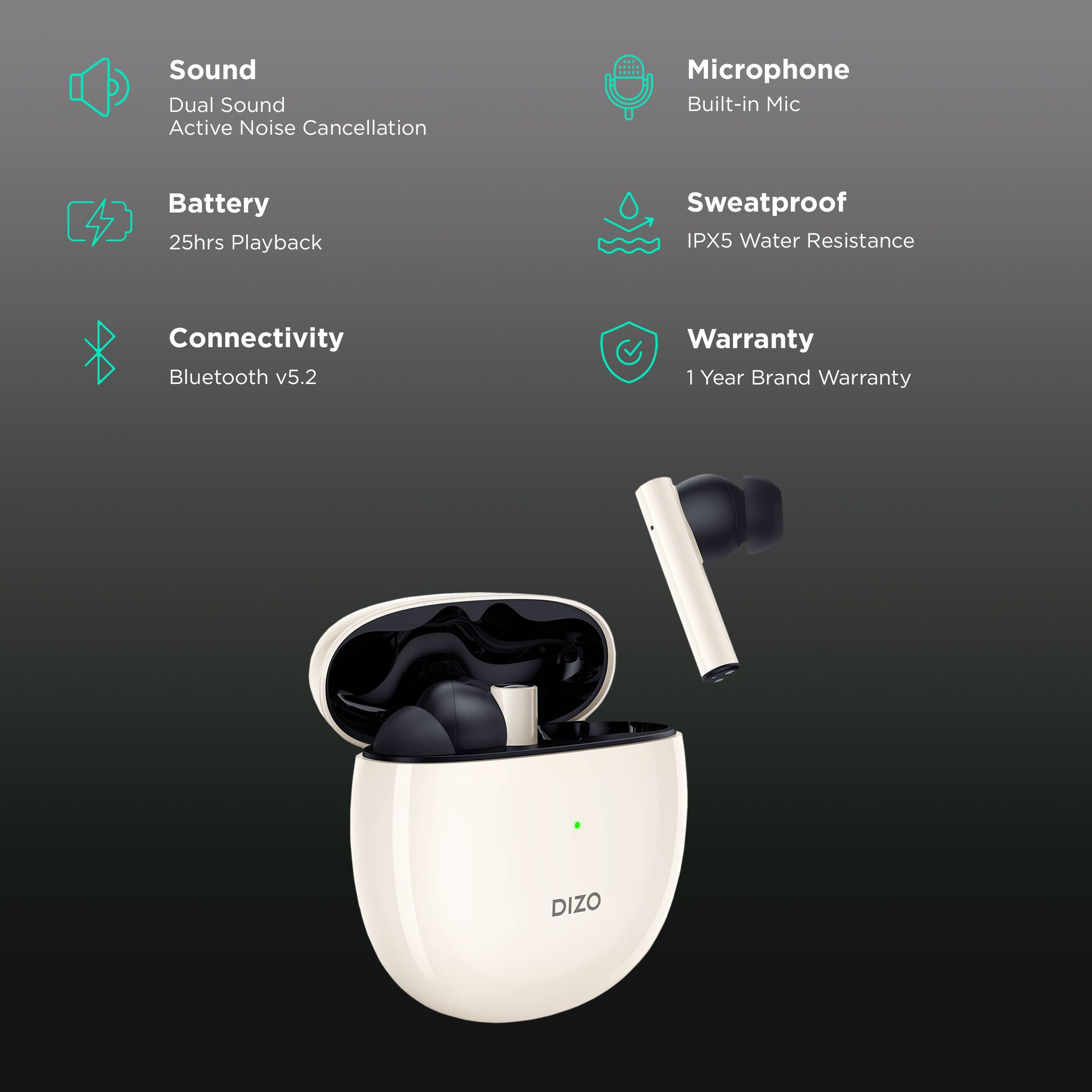 DIZO GoPods DA2001 TWS Earbuds with Active Noise Cancellation (IPX5 Water Resistant, 25 Hours Playback, Creme White)_2