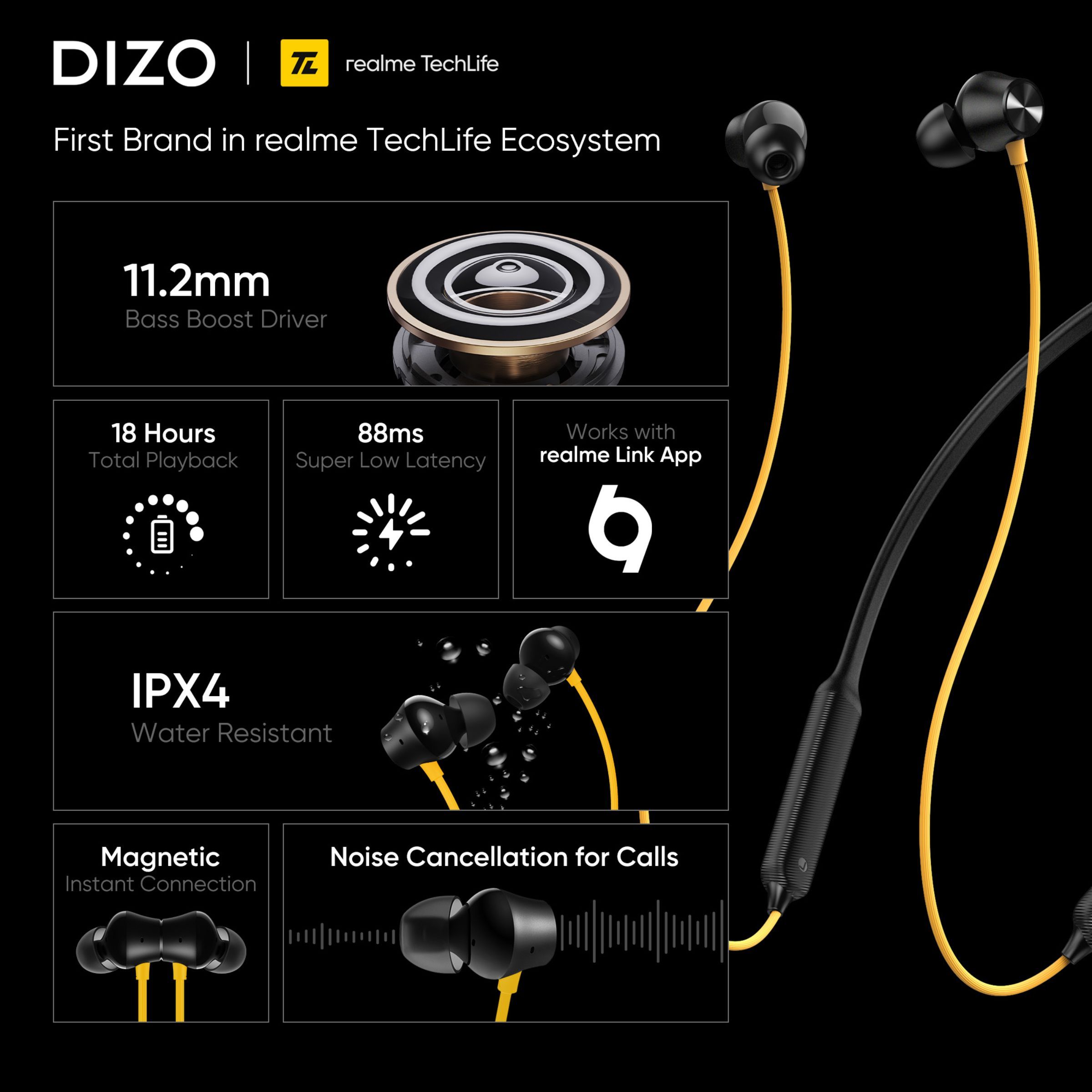 DIZO Wireless Power i Neckband with Environmental Noise Cancellation (IPX4 Water Resistant, Low Latency Game Mode, Yellow & Black)_5