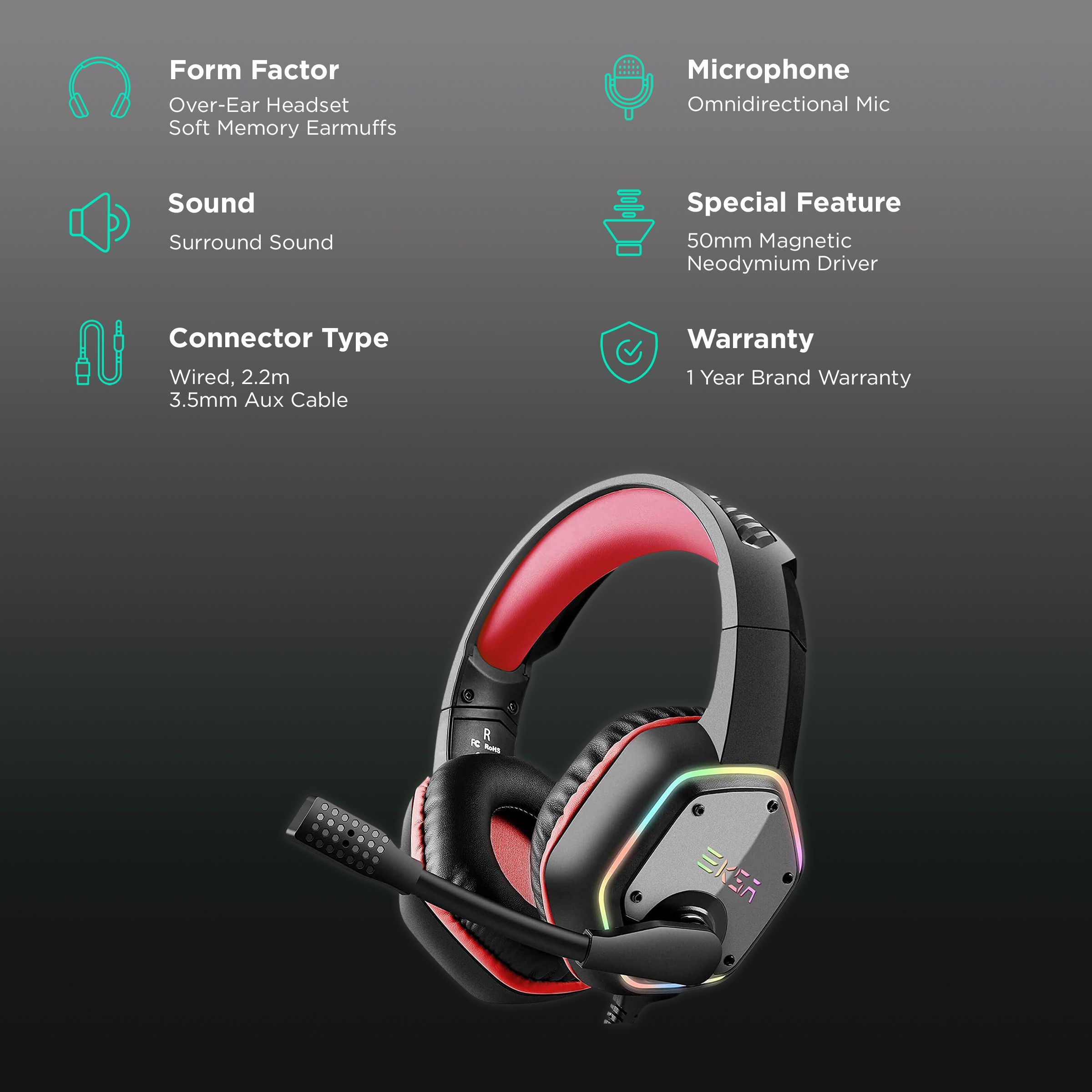 EKSA E1000 Wired Gaming Headset with Noise Cancellation (Stereo Sound, Over Ear, Gray)_2