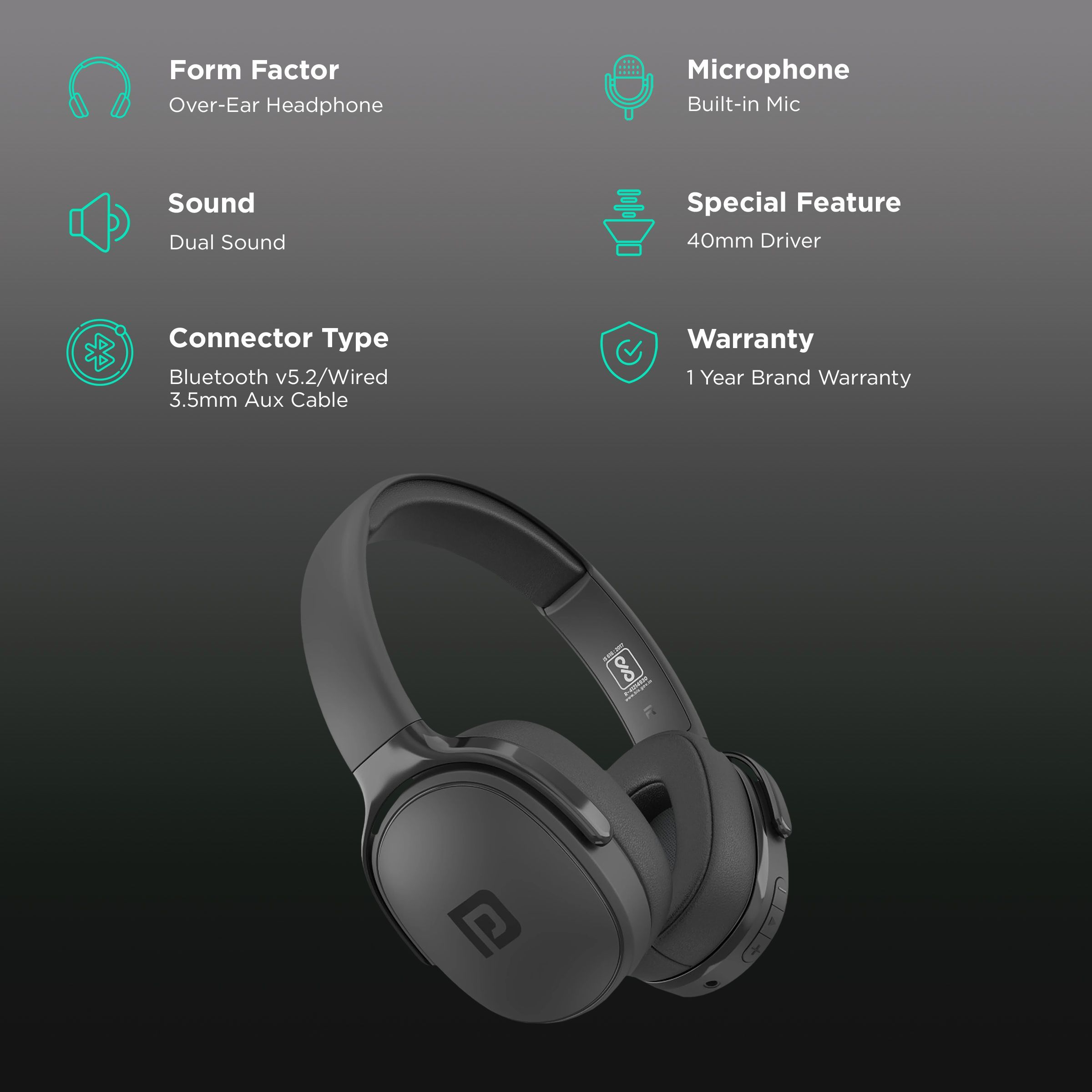 PORTRONICS Muffs A POR-1507 Bluetooth Headphone with Mic (Upto 30 Hours Playback, Over Ear, Black)_2