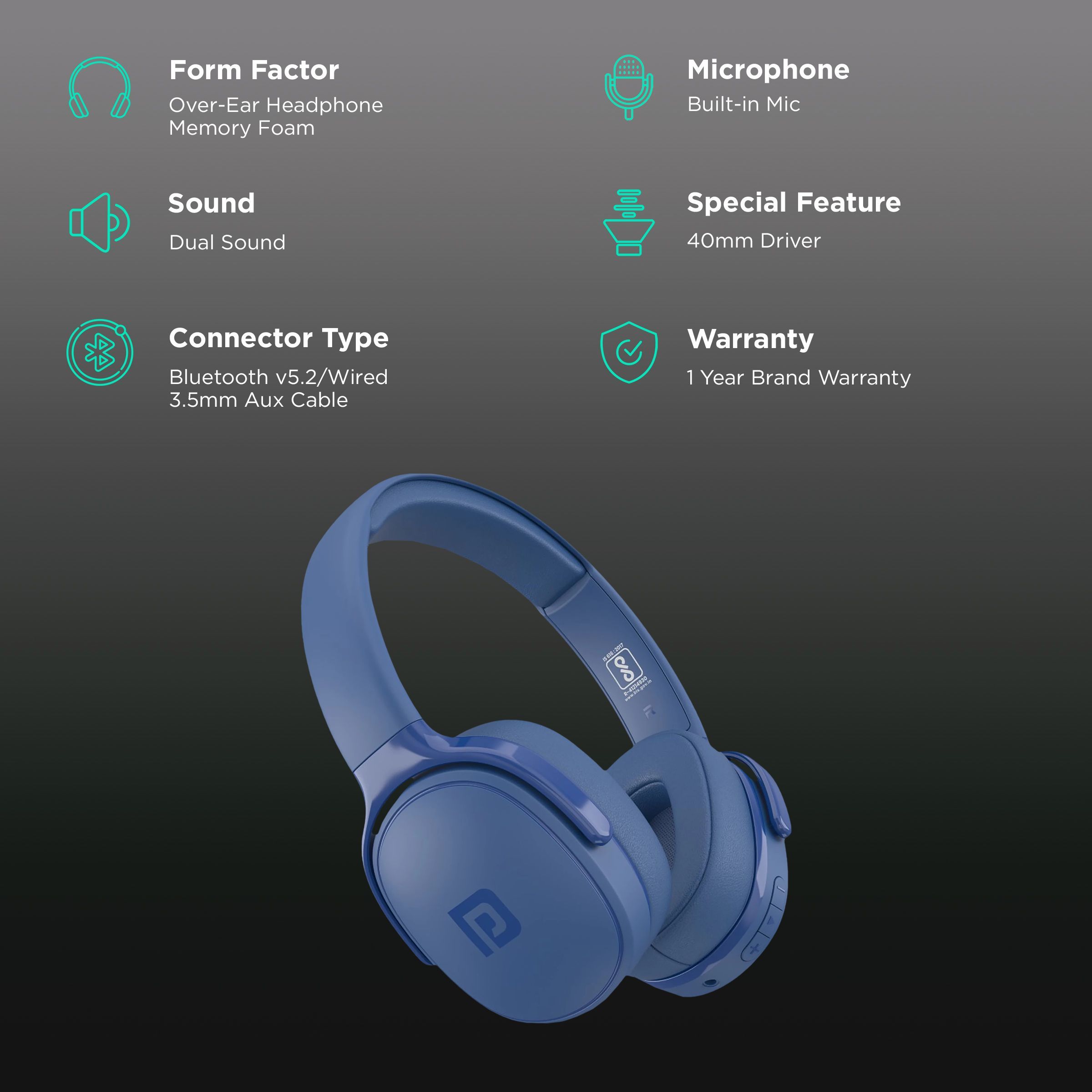 PORTRONICS Muffs A POR-1508 Bluetooth Headphone with Mic (Upto 30 Hours Playback, Over Ear, Blue)_2