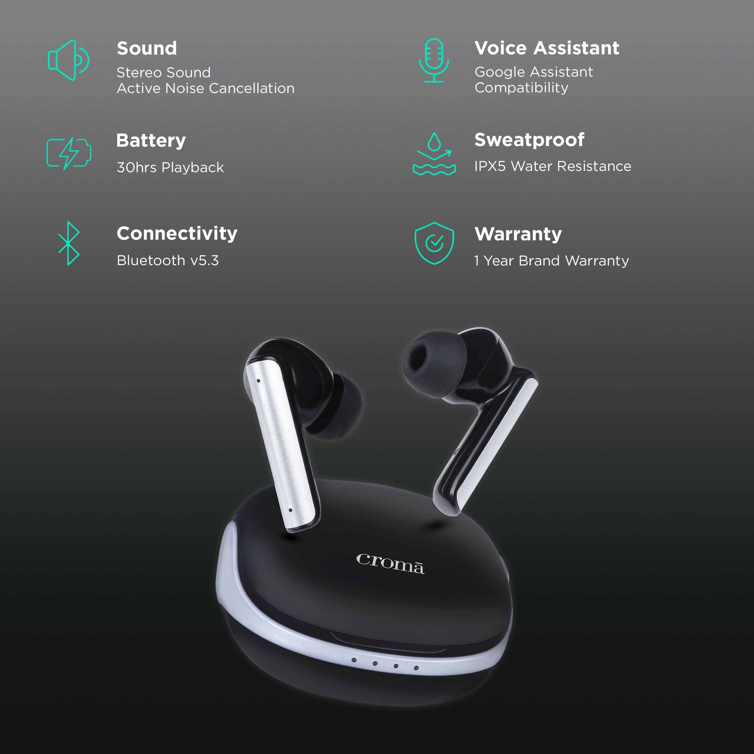 Croma TWS Earbuds with Active Noise Cancellation (IPX5 Water Resistant, Fast Charging Support, Black and Grey) Croma TWS Earbuds with Active Noise Cancellation (IPX5 Water Resistant, Fast Charging Support, Black and Grey)_2