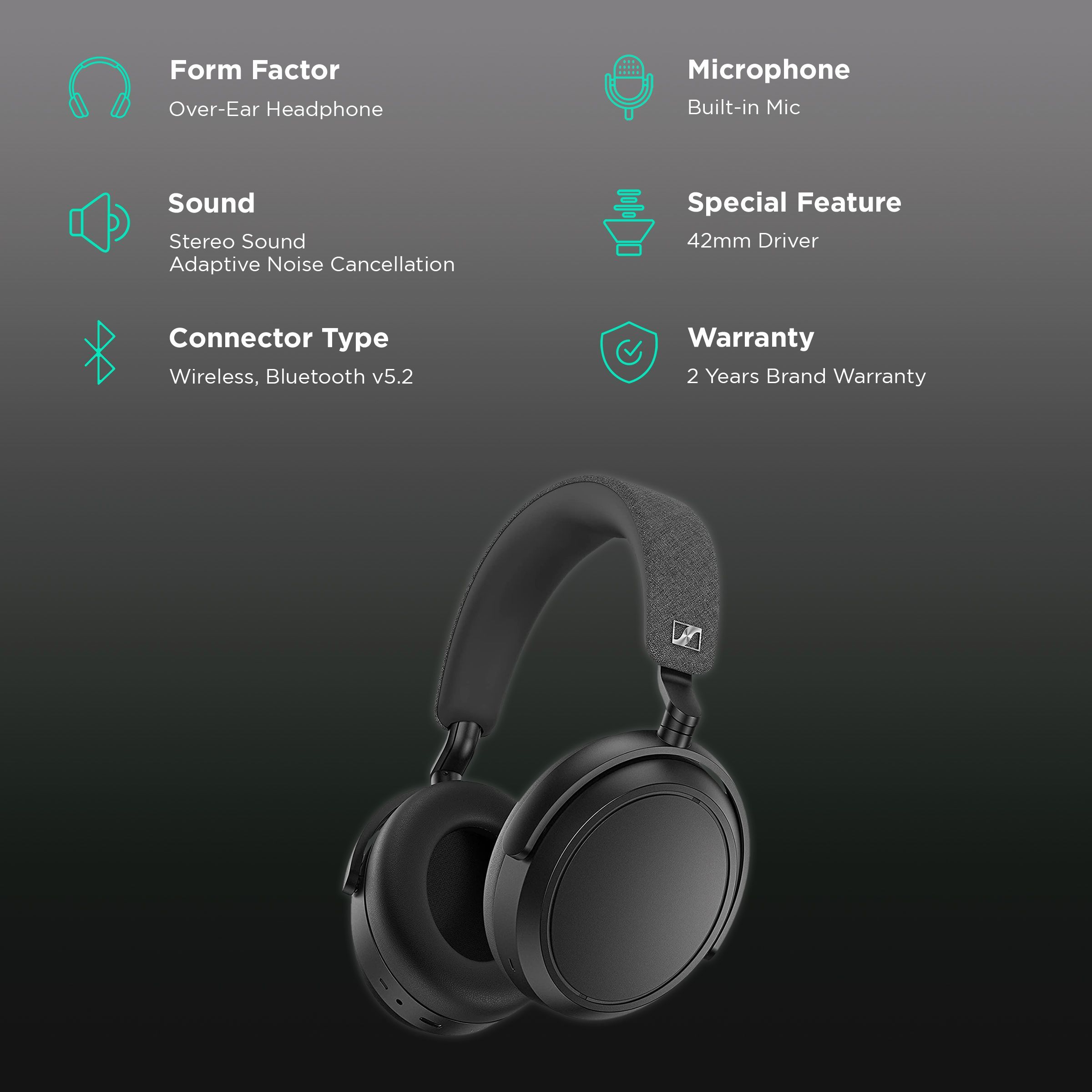 SENNHEISER Momentum 4 M4AEBT Bluetooth Headset with Mic (Adaptive Noise Cancellation, Over Ear, Black)_2