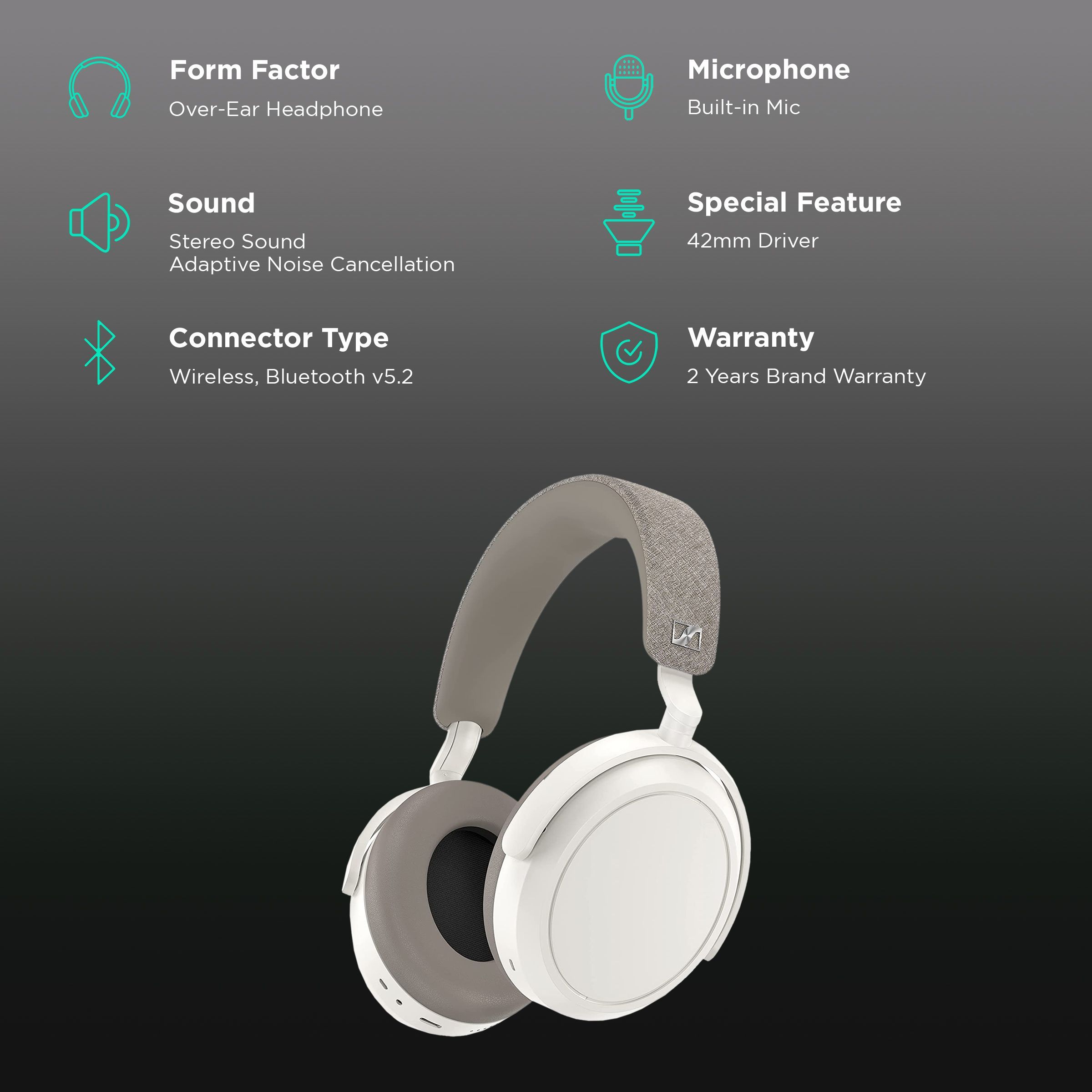 SENNHEISER Momentum 4 M4AEBT Bluetooth Headset with Mic (Adaptive Noise Cancellation, Over Ear, White)_2