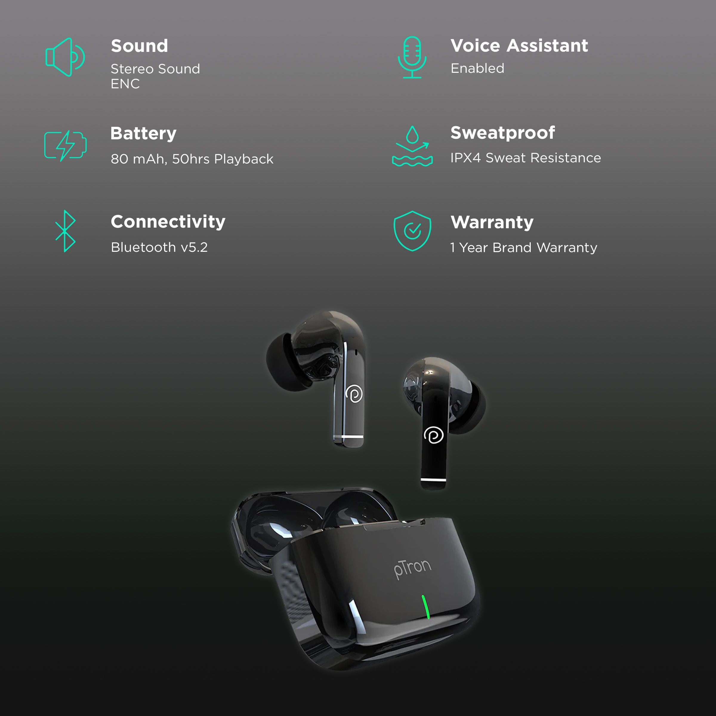 pTron Basspods P81 Pro TWS Earbuds with Environmental Noise Cancellation (IPX4 Water Resistant, Deep Bass, Black)_2