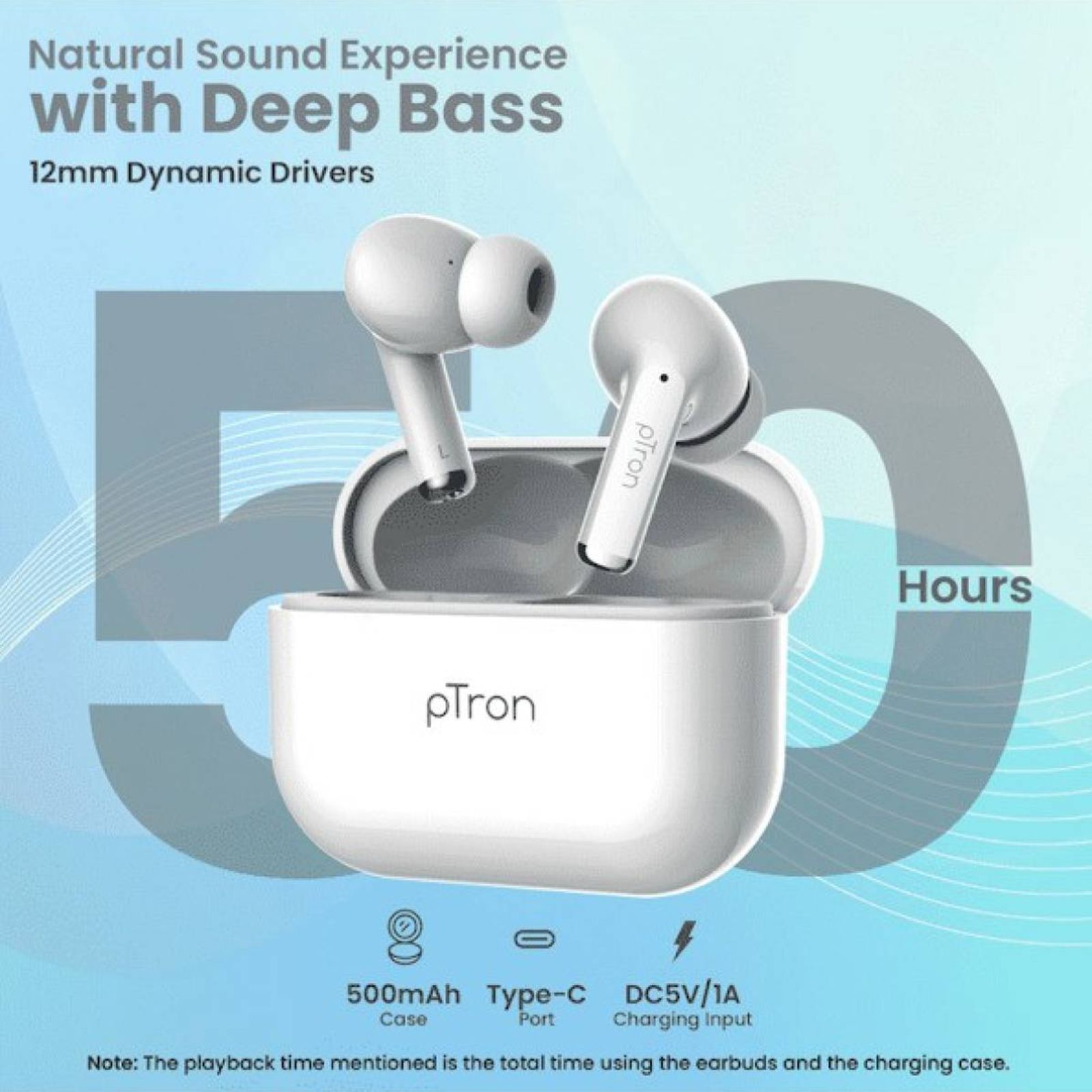 pTron Basspods P81 Pro 140318194 TWS Earbuds with Environmental Noise Cancellation (IPX4 Water Resistant, Upto 50 Hours Playback, White)_9