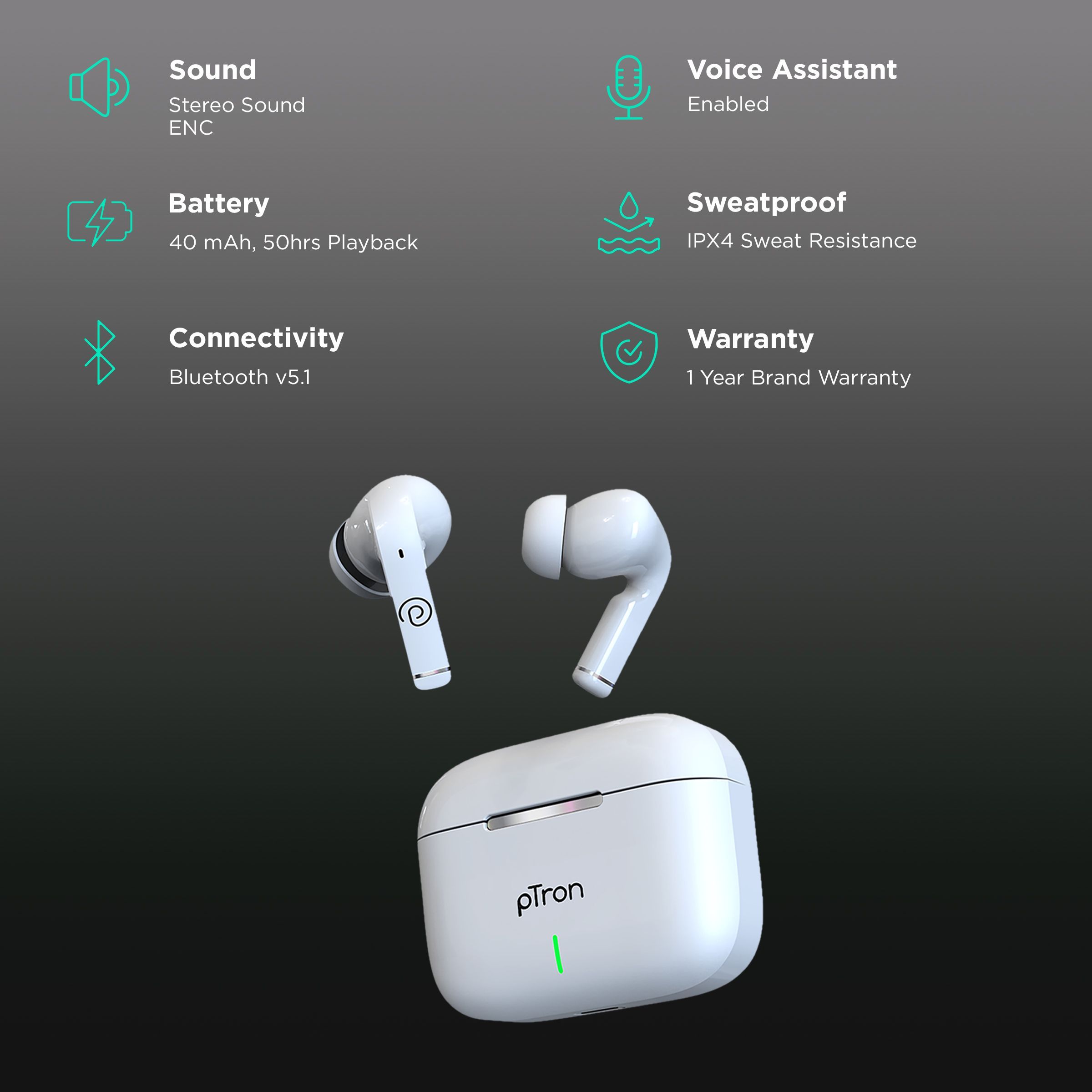 pTron Basspods P81 Pro 140318194 TWS Earbuds with Environmental Noise Cancellation (IPX4 Water Resistant, Upto 50 Hours Playback, White)_2