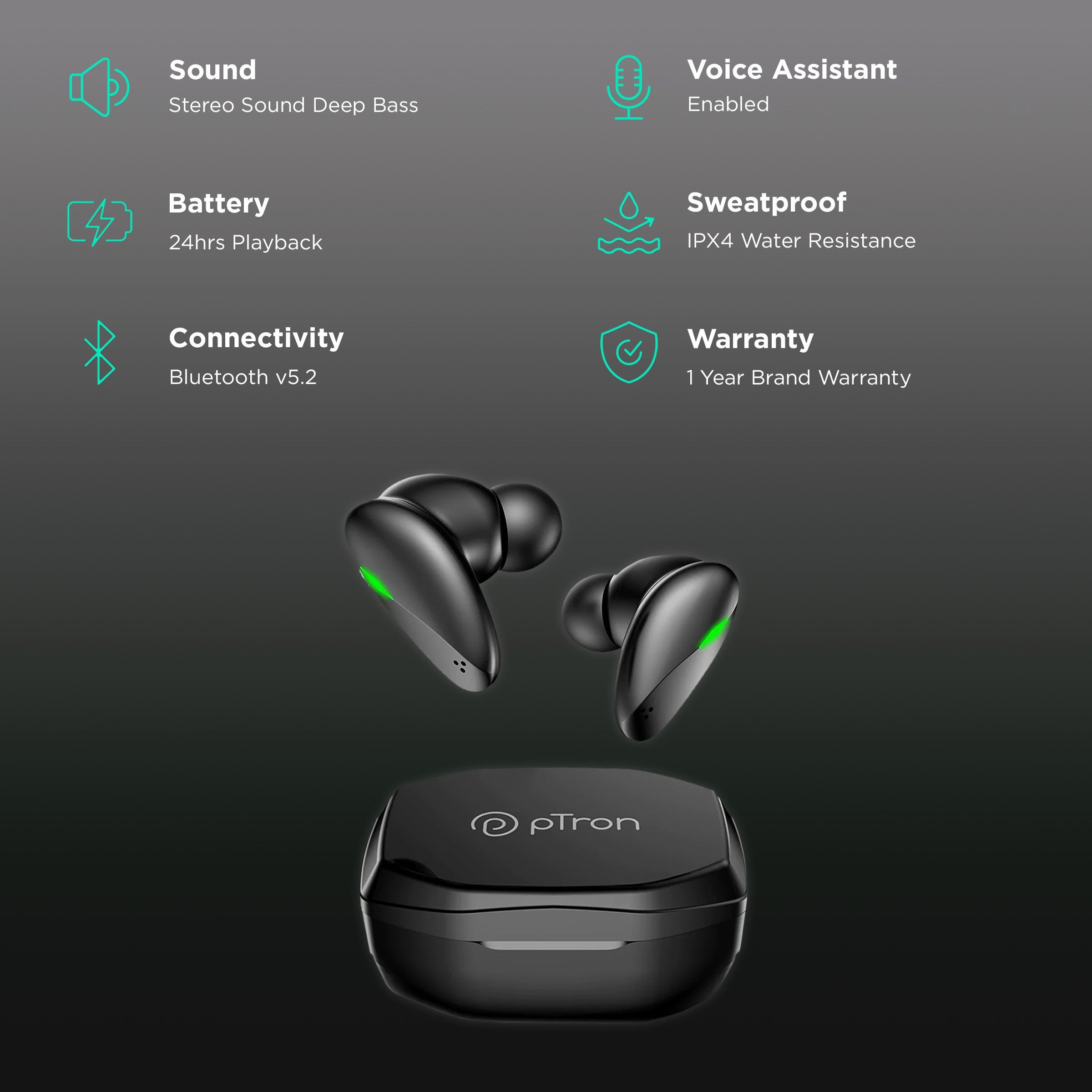 pTron Bassbuds B21 140318544 TWS Earbuds (IPX4 Water Resistant, Fast Charging, Black)_2