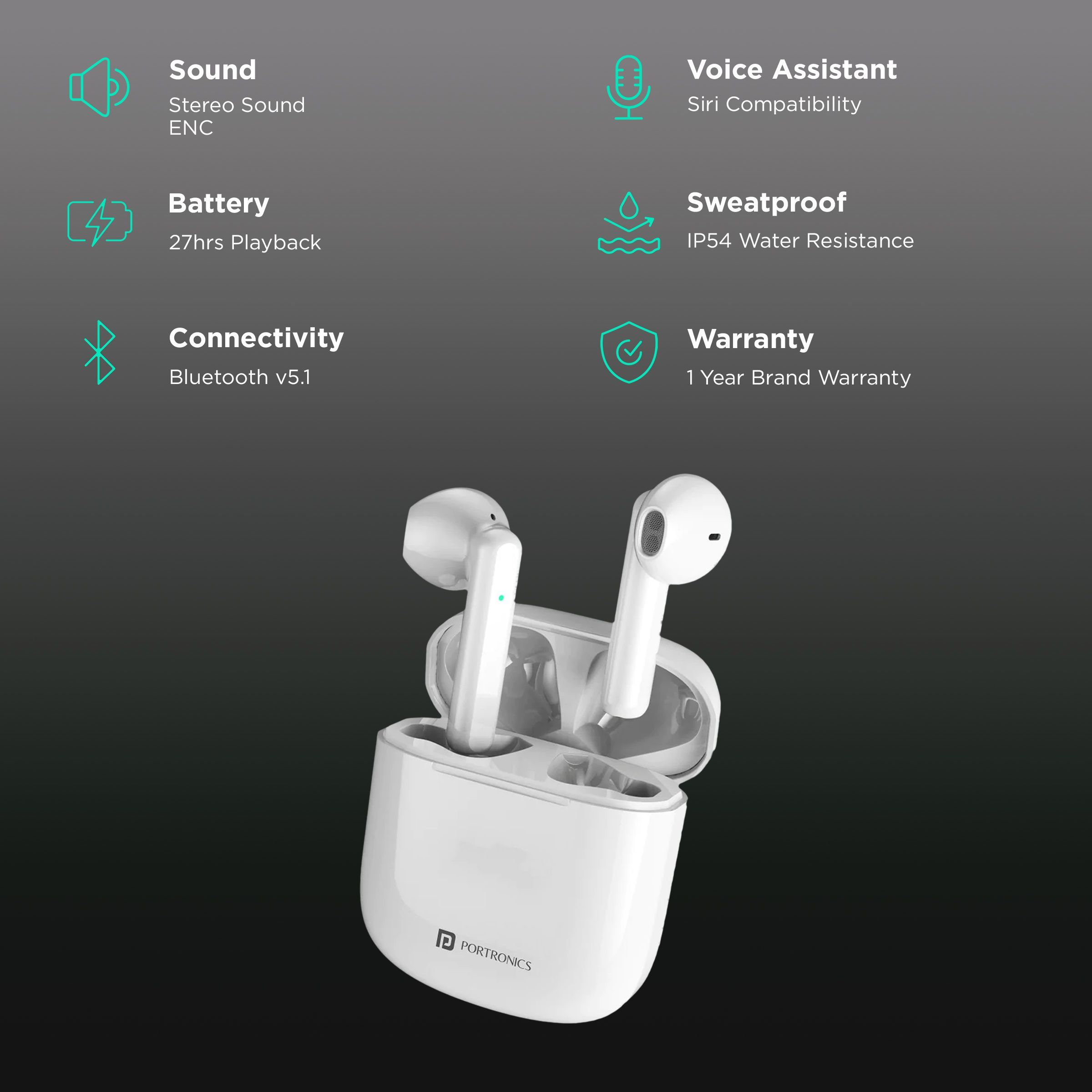 PORTRONICS Harmonics Twins 25 POR 1700 TWS Earbuds with Environmental Noise Cancellation (IP54 Water Resistant, Fast Charging, White)_2