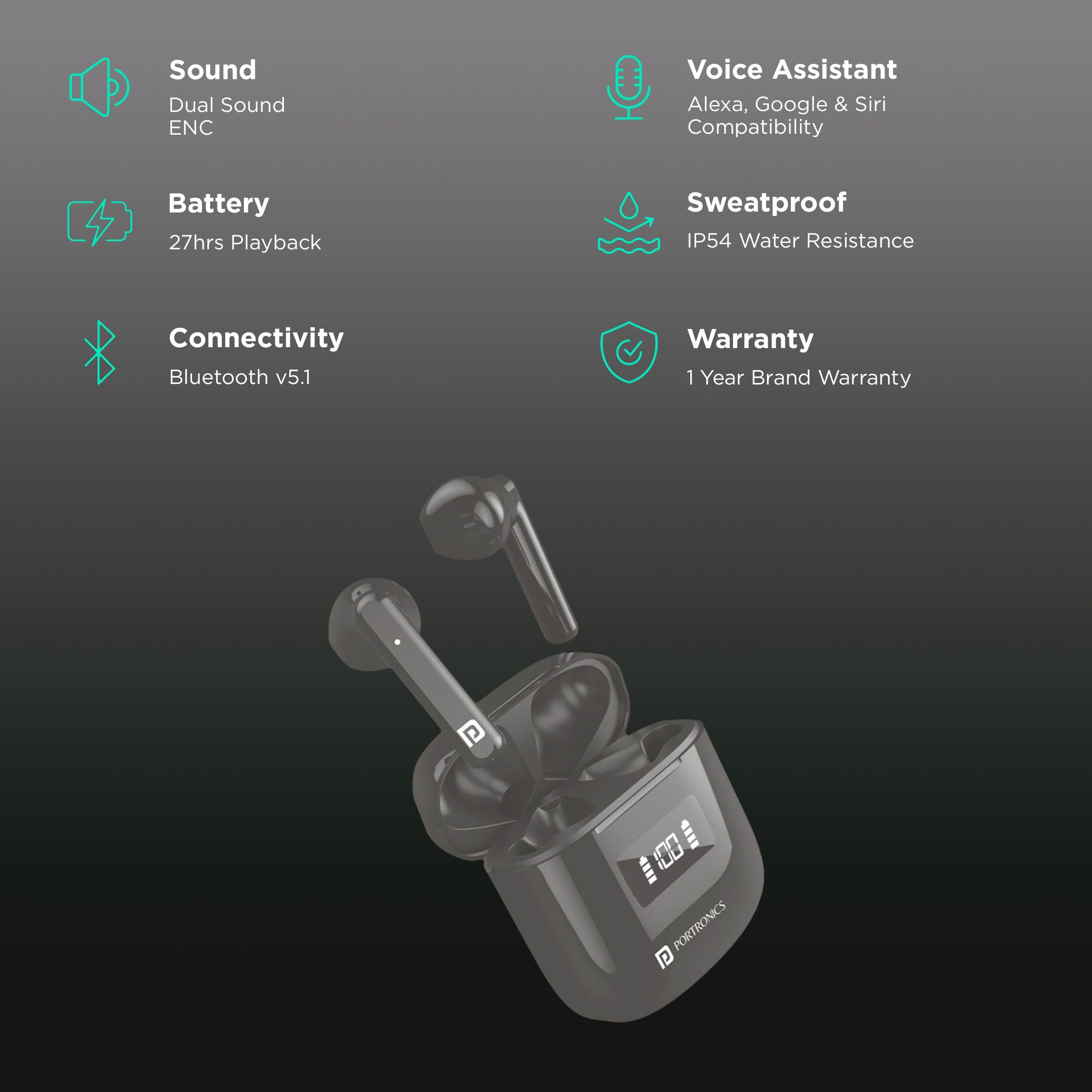 PORTRONICS Harmonics Twins 26 POR 1701 TWS Earbuds with Environmental Noise Cancellation (IP54 Water Resistant, 13mm Driver, Black)_2