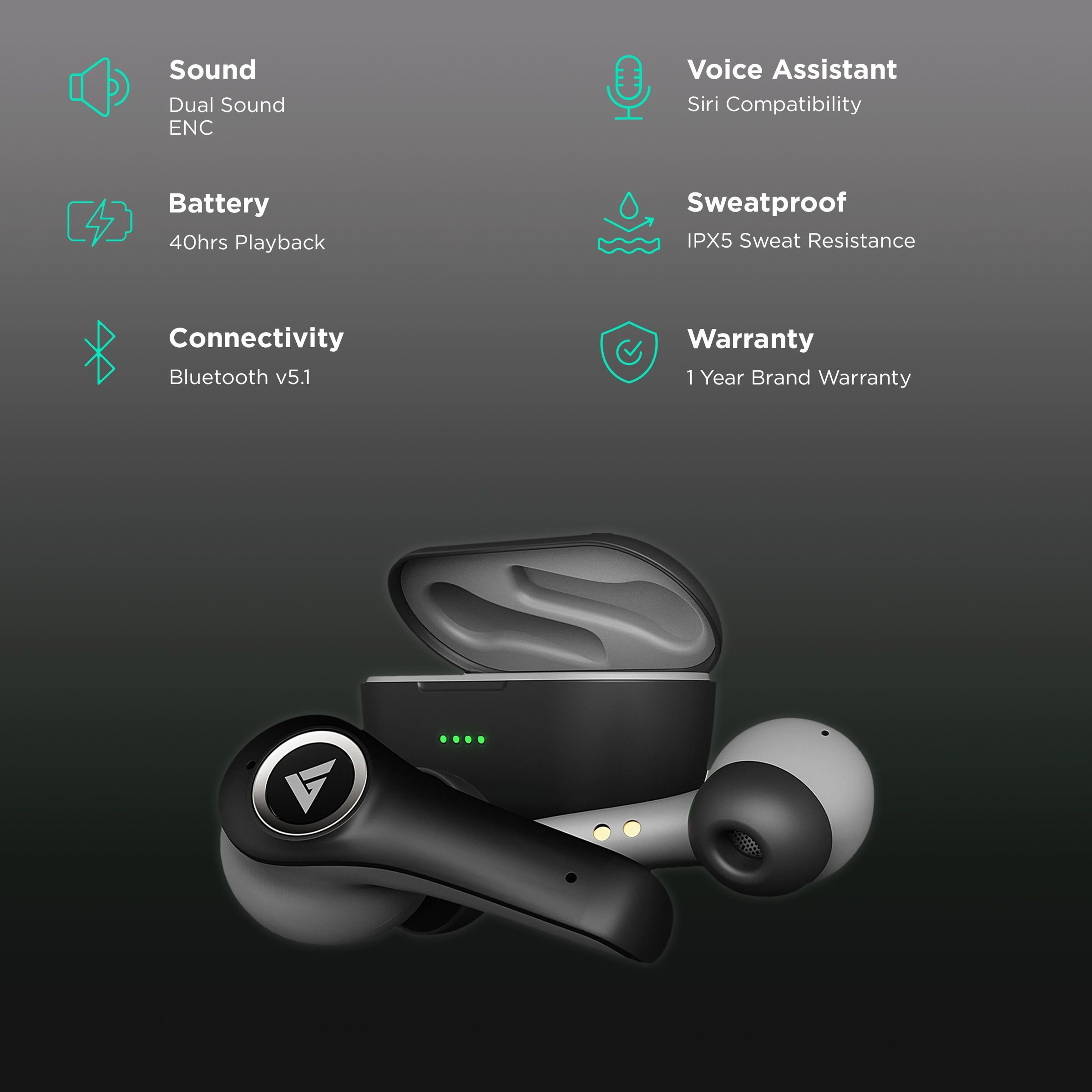 GOBOULT AirBass X50 TWS Earbuds with Environmental Noise Cancellation (IPX5 Sweat Resistant, Upto 40 Hours Playback, Black)_2