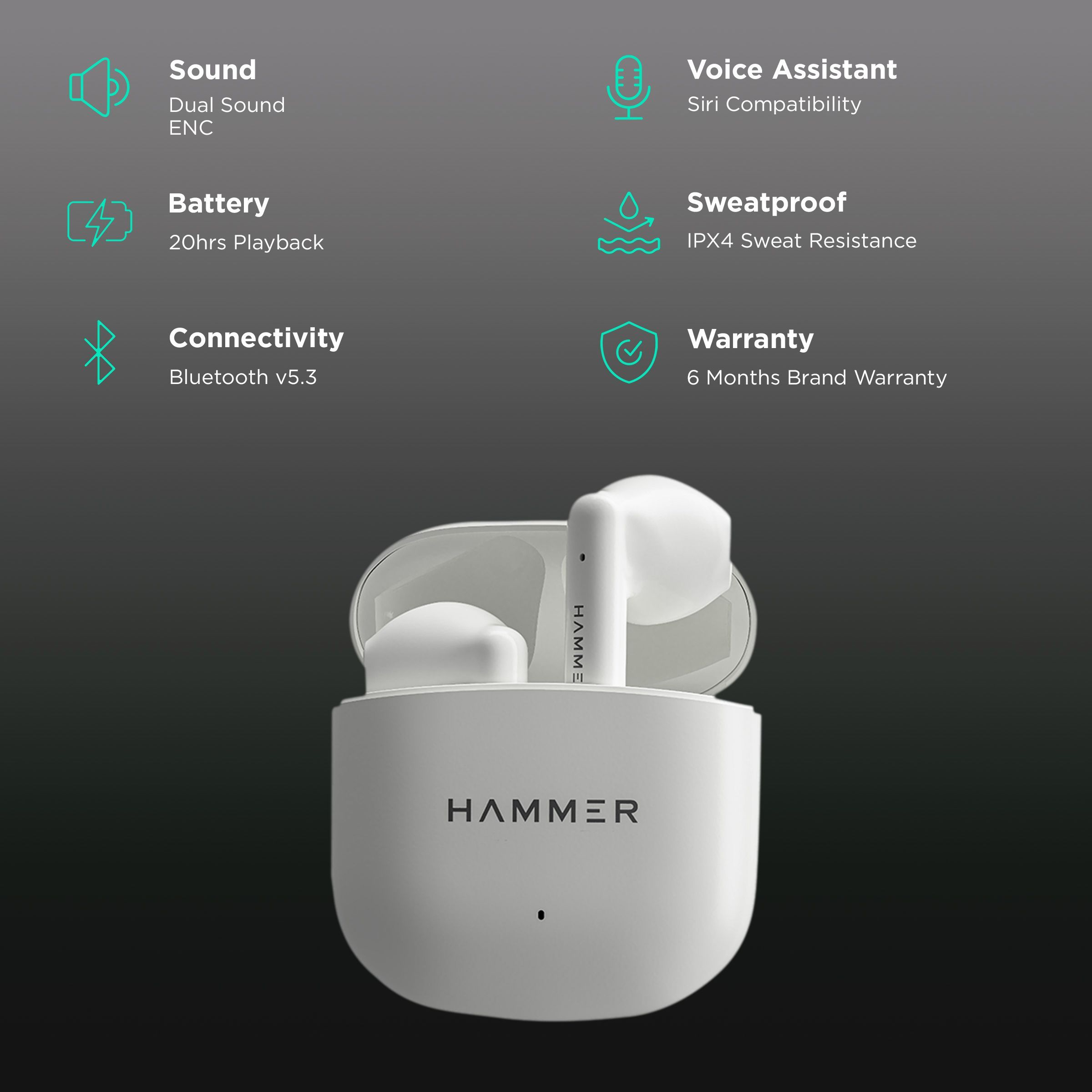 HAMMER Ko Pro TWS Earbuds with Environmental Noise Cancellation (IPX4 Water Resistant, Deep Bass, White)_2