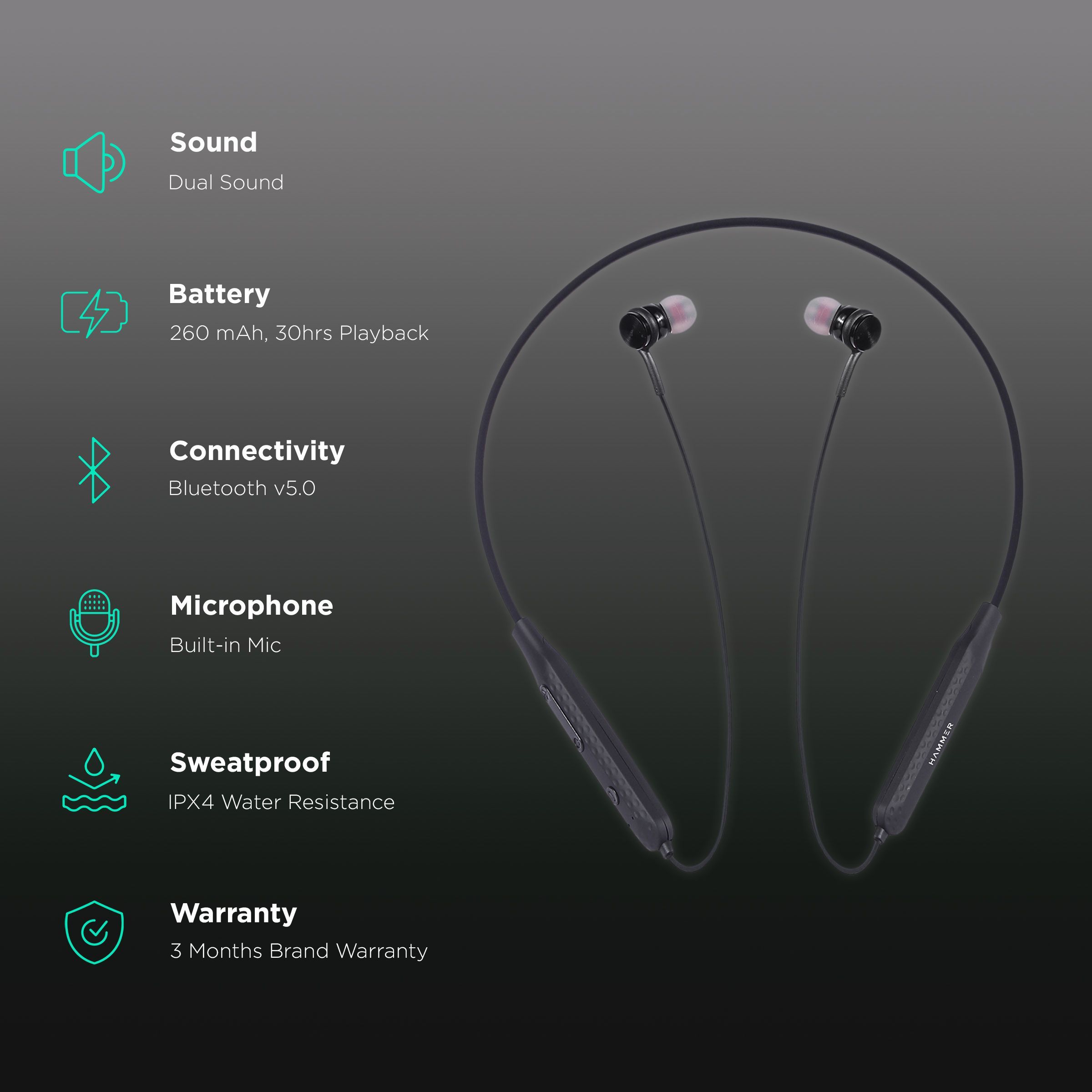 HAMMER S Neckband (IPX4 Water Resistant, Up to 30 Hours Playback, Black)_2