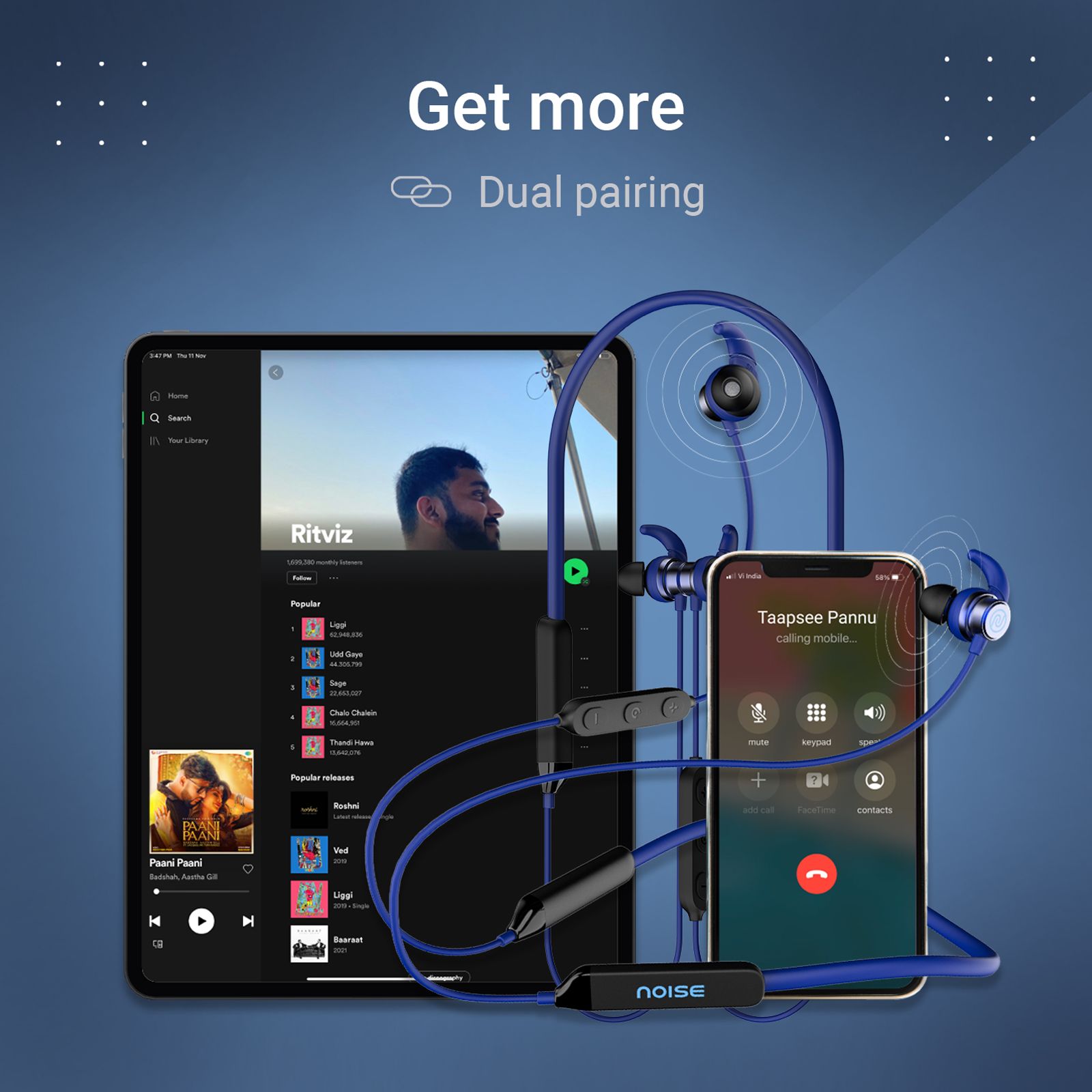 noise Blaze Neckband with Environmental Sound Reduction (IPX5 Water Resistant, Magnetic Function, Blue)_3