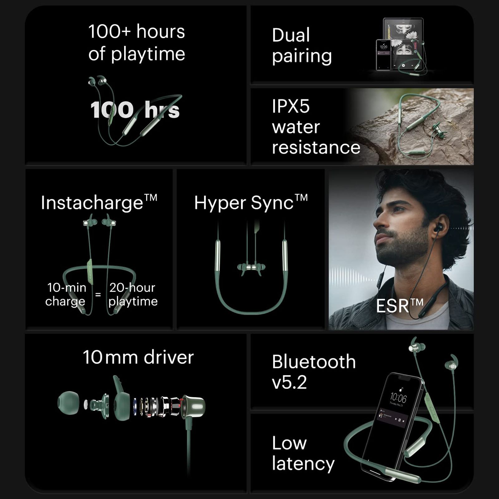 noise Xtreme Neckband with Environmental Sound Reduction (IPX5 Water Resistance, Hyper Sync Technology, Raging Green)_4