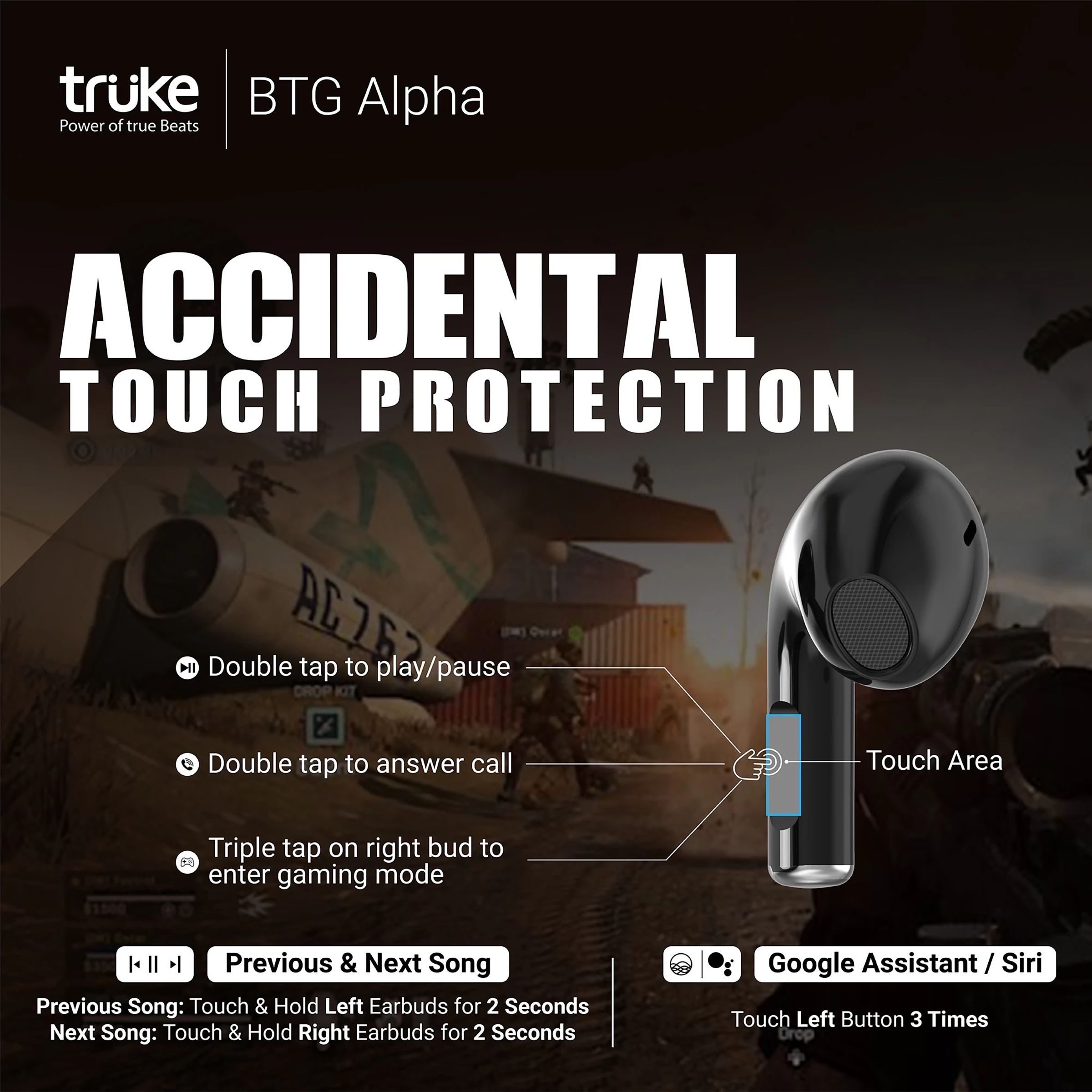 truke BTG Alpha TWS Earbuds with Environmental Noise Cancellation (Water Resistant, 40ms Low Latency Gaming, Black)_3