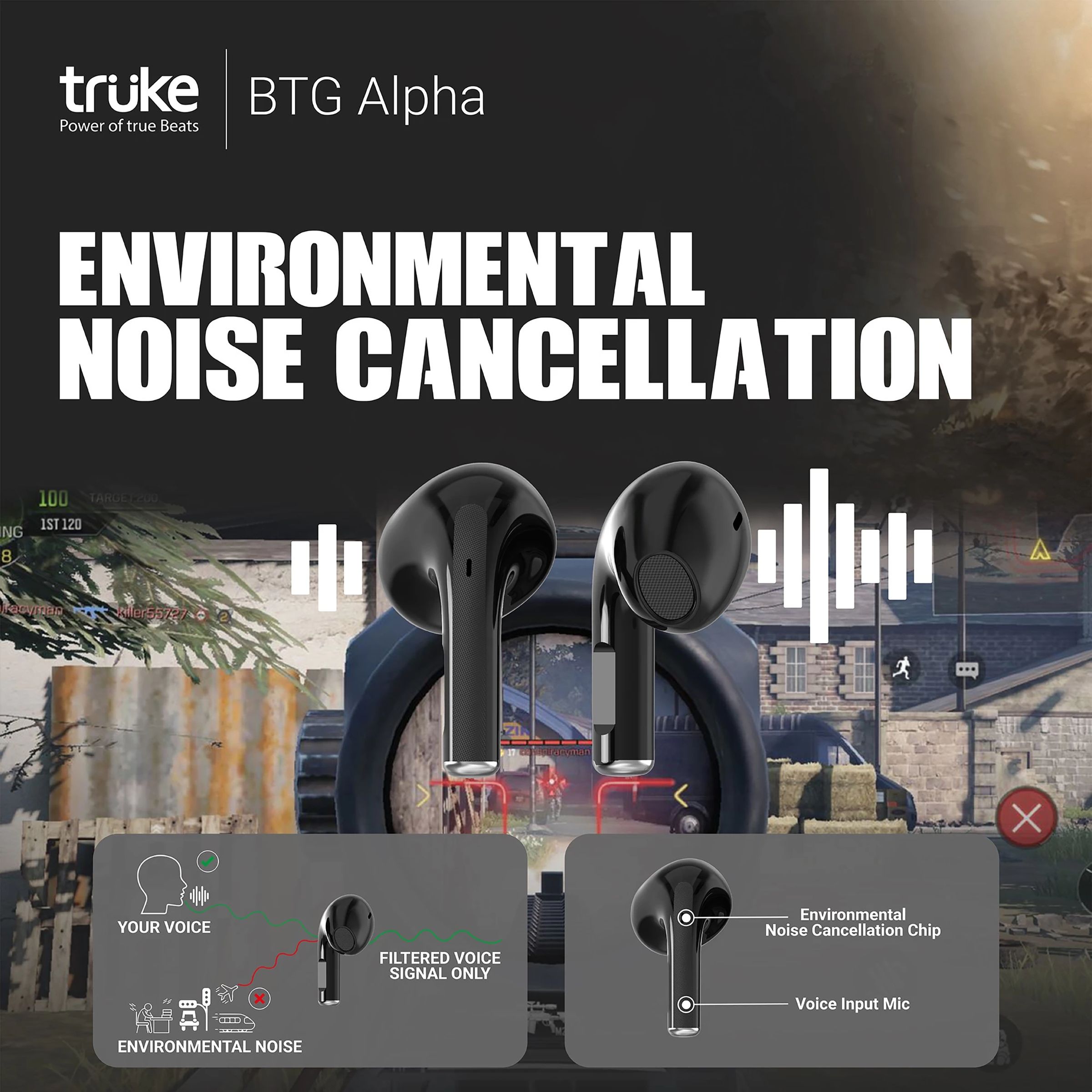 truke BTG Alpha TWS Earbuds with Environmental Noise Cancellation (Water Resistant, 40ms Low Latency Gaming, Black)_6