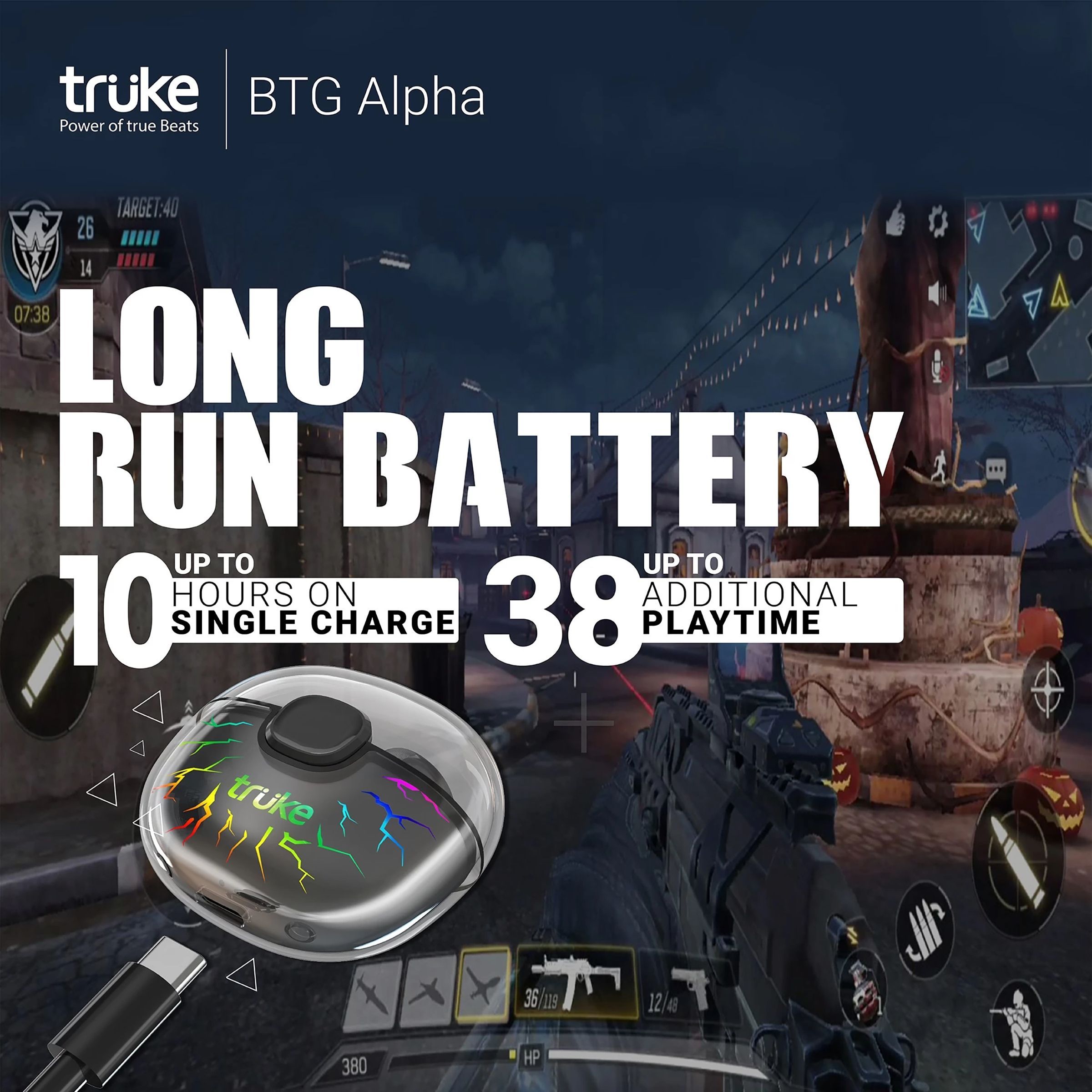 truke BTG Alpha TWS Earbuds with Environmental Noise Cancellation (Water Resistant, 40ms Low Latency Gaming, Black)_9