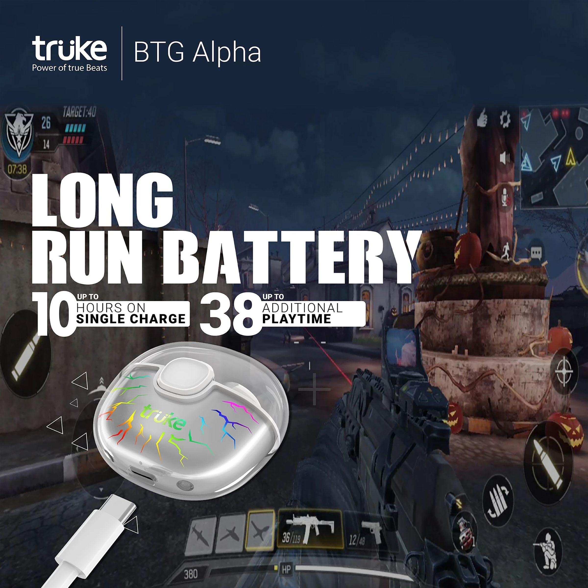 truke BTG Alpha TWS Earbuds with Environmental Noise Cancellation (Water Resistant, 40ms Low Latency Gaming, White)_4