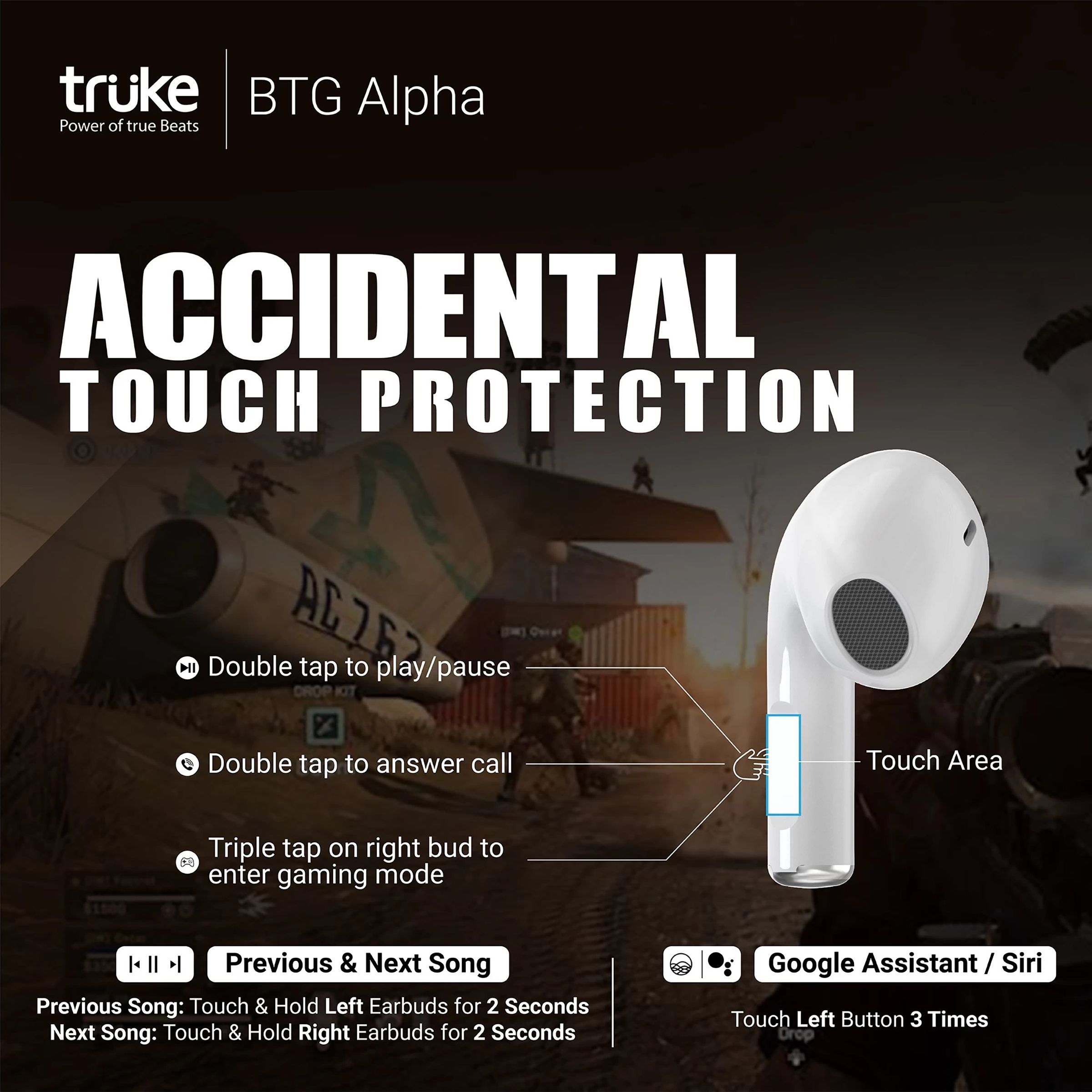 truke BTG Alpha TWS Earbuds with Environmental Noise Cancellation (Water Resistant, 40ms Low Latency Gaming, White)_9