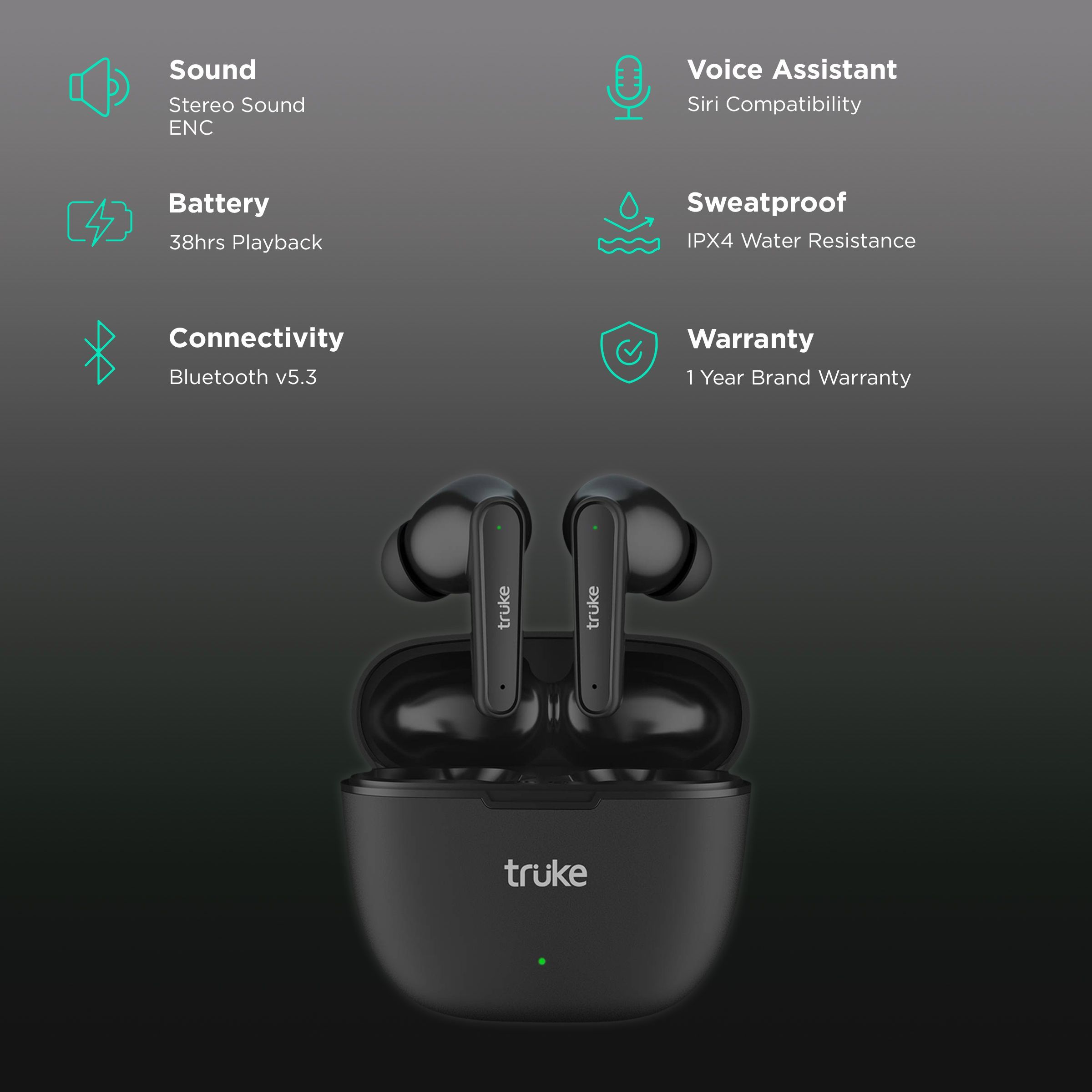 truke BTG Beta B131 TWS Earbuds with Environmental Noise Cancellation (IPX4 Water Resistant, 40ms Ultra Low Latency, Black)_2