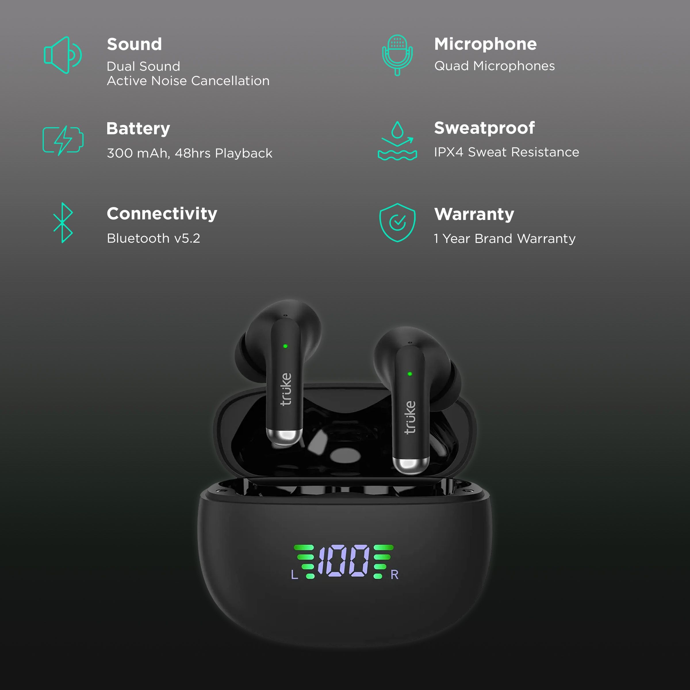 truke Buds Pro F60 TWS Earbuds with Hybrid Active Noise Cancellation (IPX4 Water Resistant, 50ms Ultra Low Latency, Black)_2