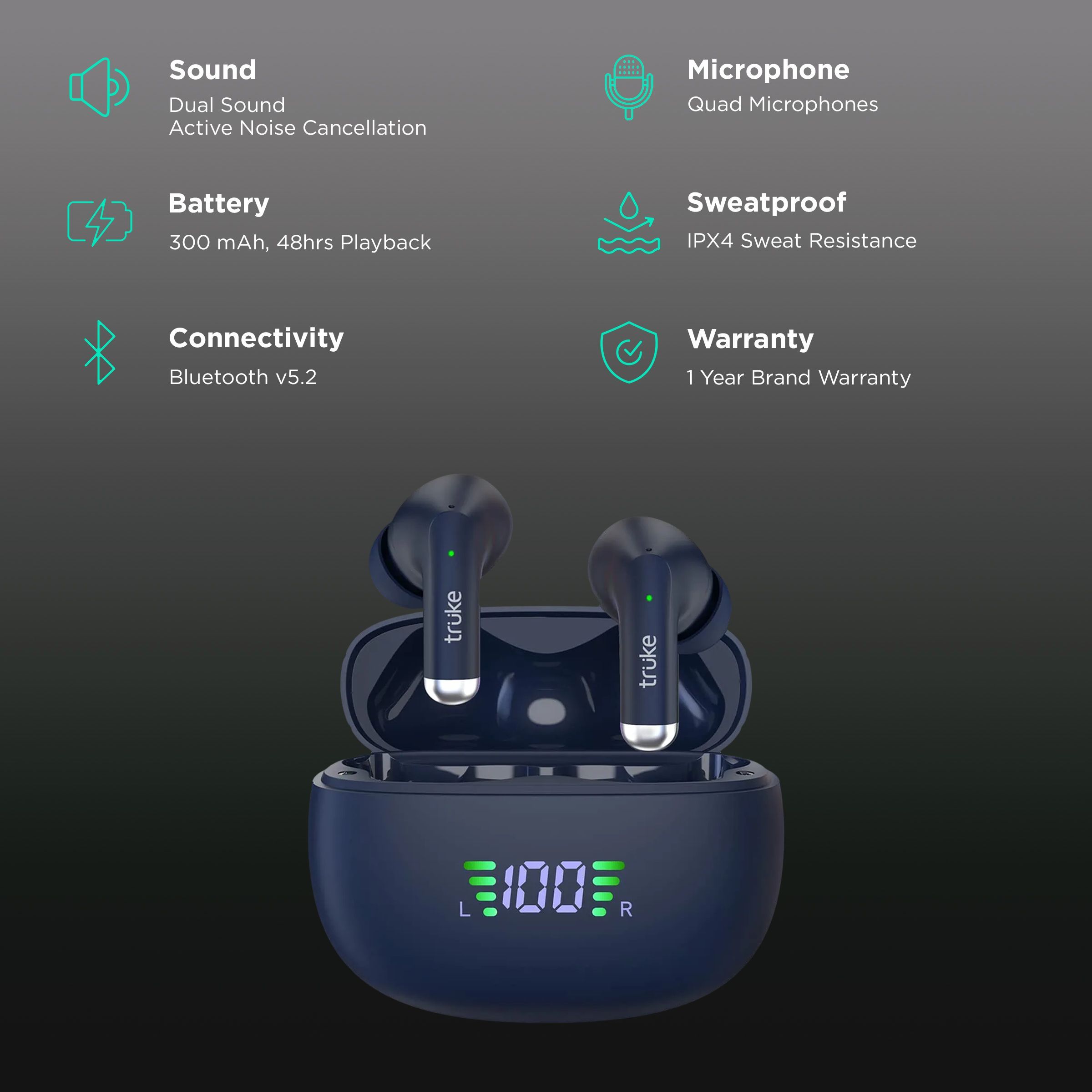 truke Buds Pro F60 TWS Earbuds with Hybrid Active Noise Cancellation (IPX4 Water Resistant, 50ms Ultra Low Latency, Blue)_2