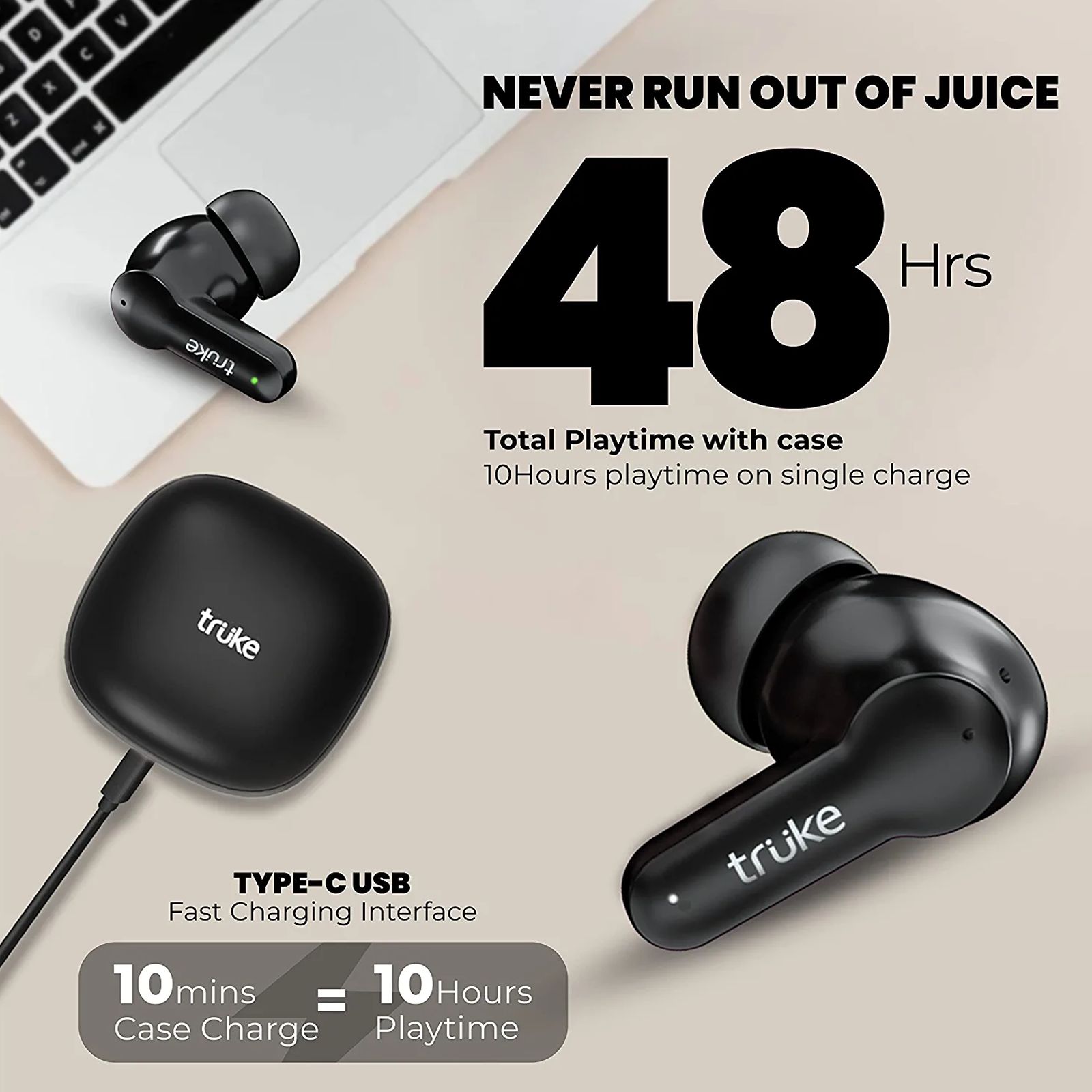 truke Buds S2 Lite TWS Earbuds with Environmental Noise Cancellation (IPX4 Water Resistant, 55ms Low Latency, Black)_4