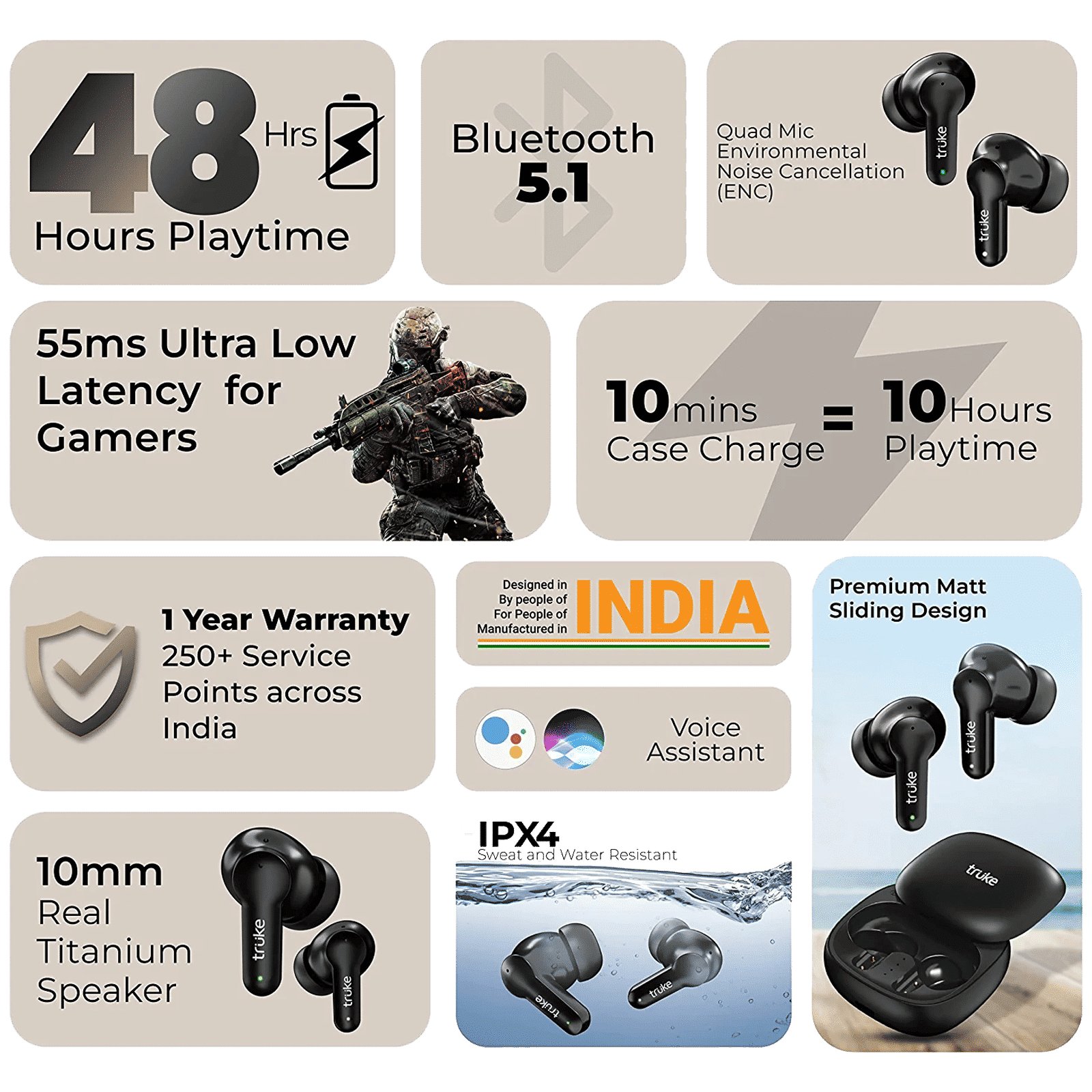 truke Buds S2 Lite TWS Earbuds with Environmental Noise Cancellation (IPX4 Water Resistant, 55ms Low Latency, Black)_7