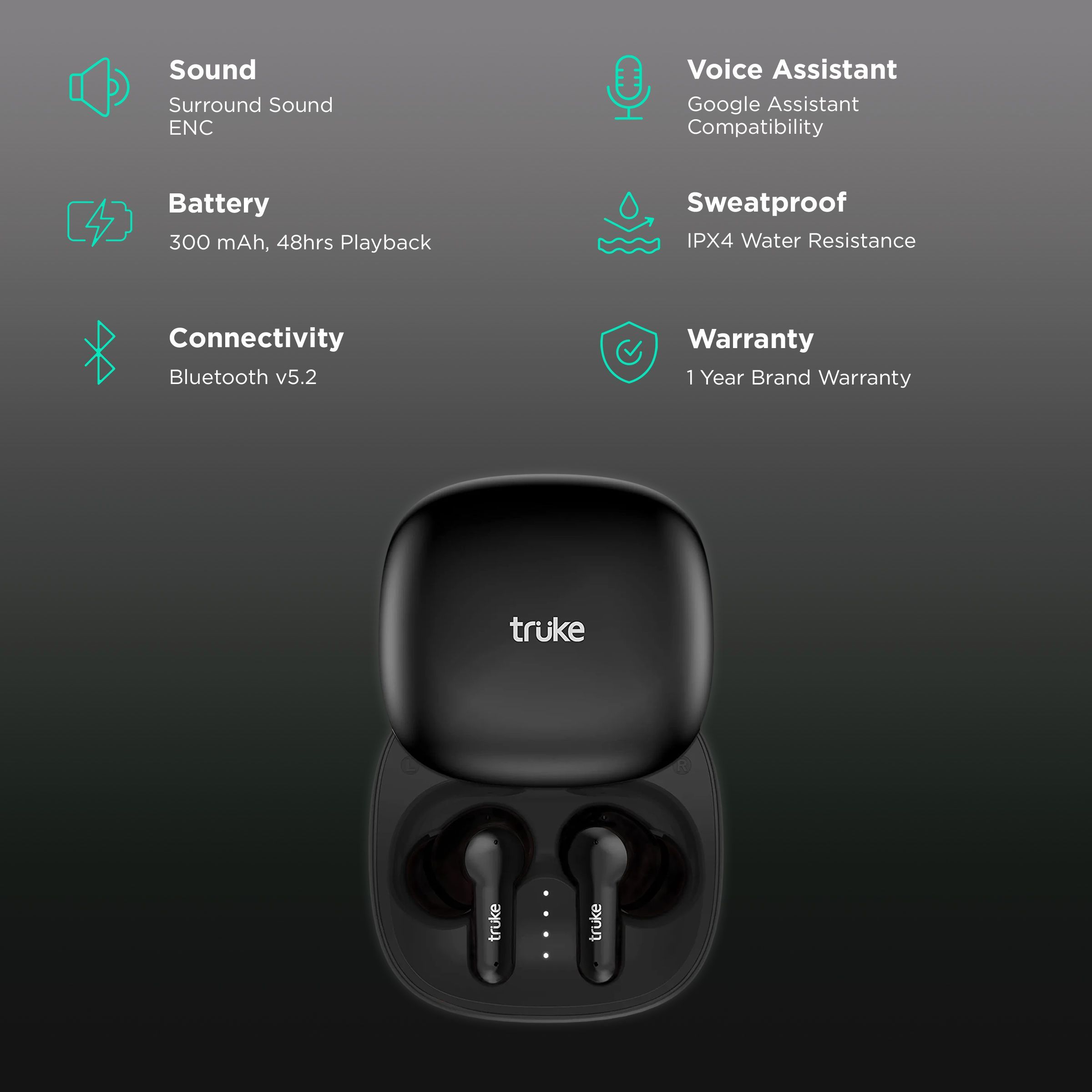 truke Buds S2 Lite TWS Earbuds with Environmental Noise Cancellation (IPX4 Water Resistant, 55ms Low Latency, Black)_2