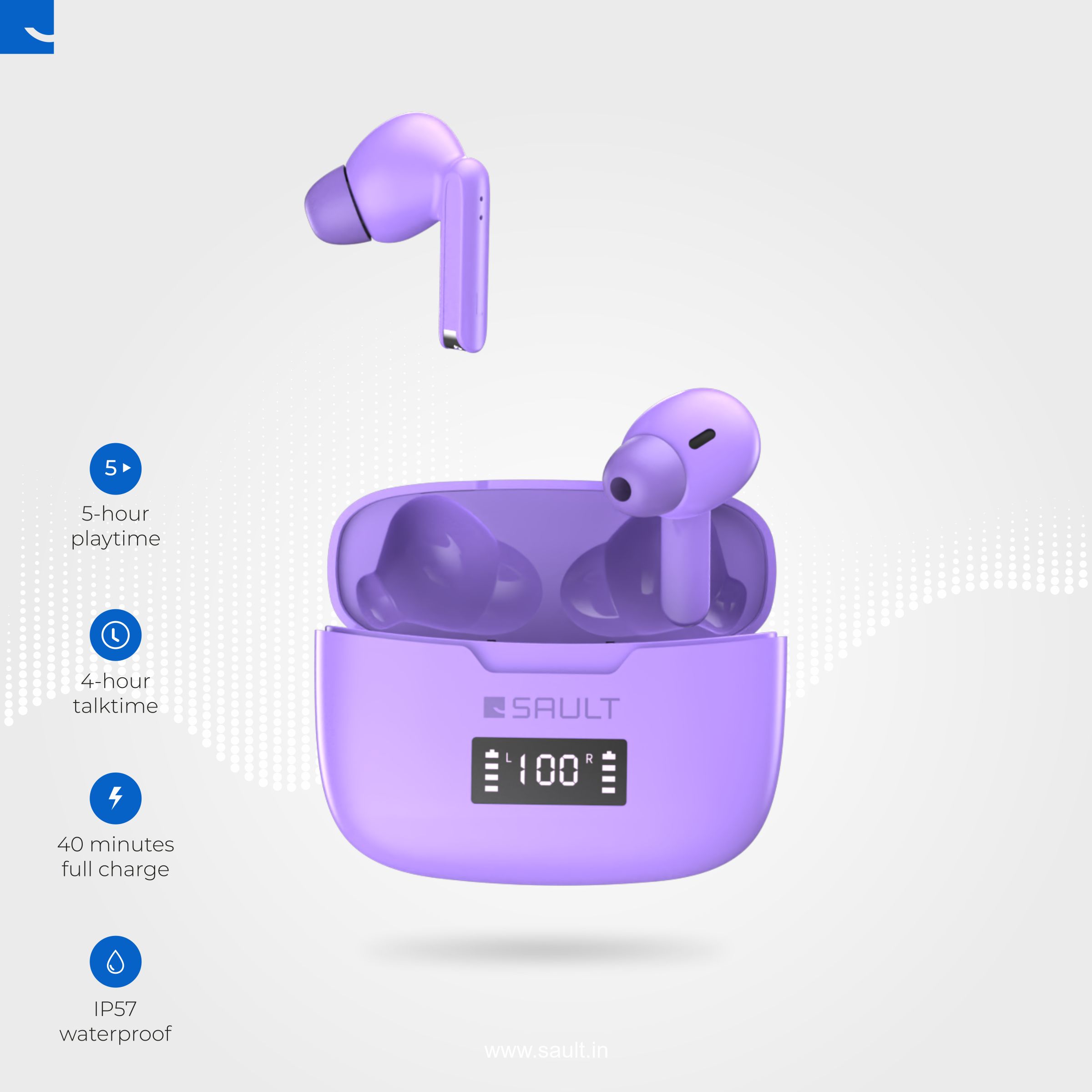 SAULT Airplugs 2x TWS Earbuds with Noise Isolation (IP57 Water Resistant, Touch Sensor, Purple)_3