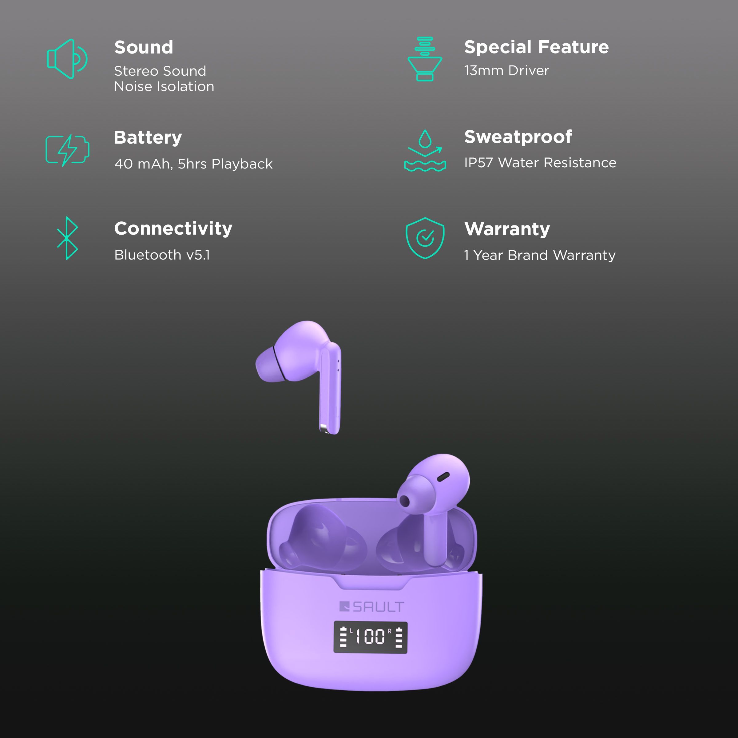 SAULT Airplugs 2x TWS Earbuds with Noise Isolation (IP57 Water Resistant, Touch Sensor, Purple)_2