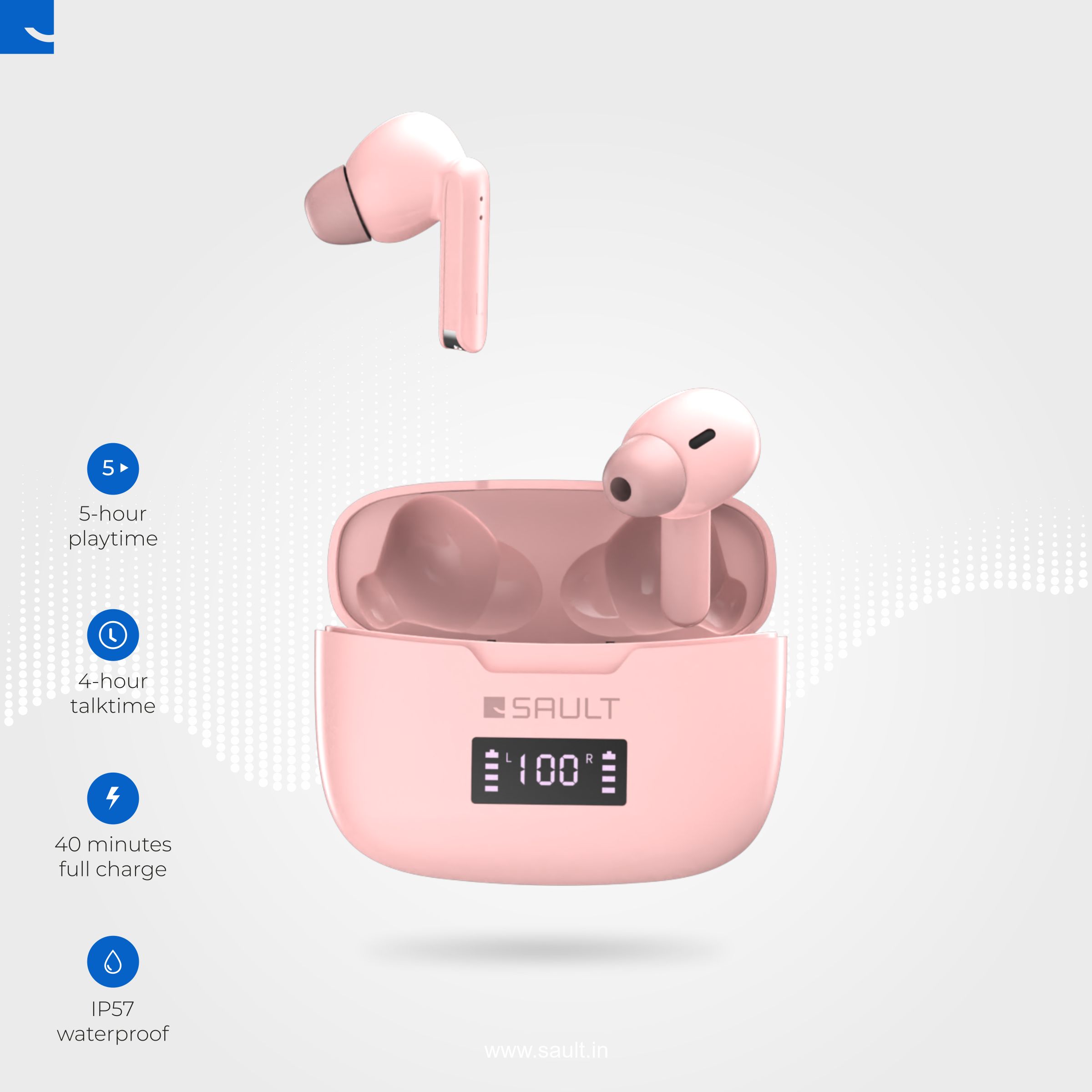 SAULT Airplugs 2x TWS Earbuds with Noise Isolation (IP57 Water Resistant, Touch Sensor, Pink)_3