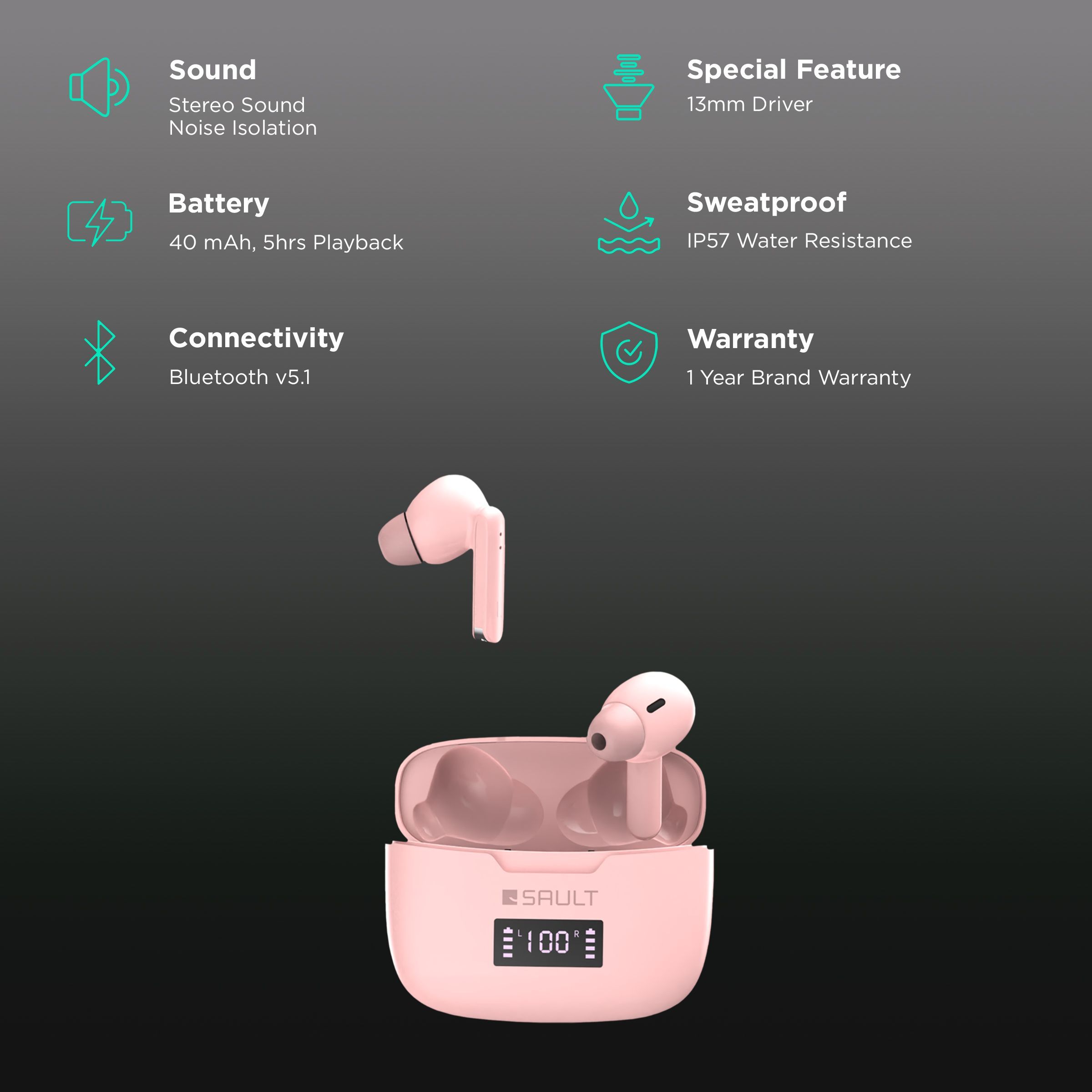 SAULT Airplugs 2x TWS Earbuds with Noise Isolation (IP57 Water Resistant, Touch Sensor, Pink)_2