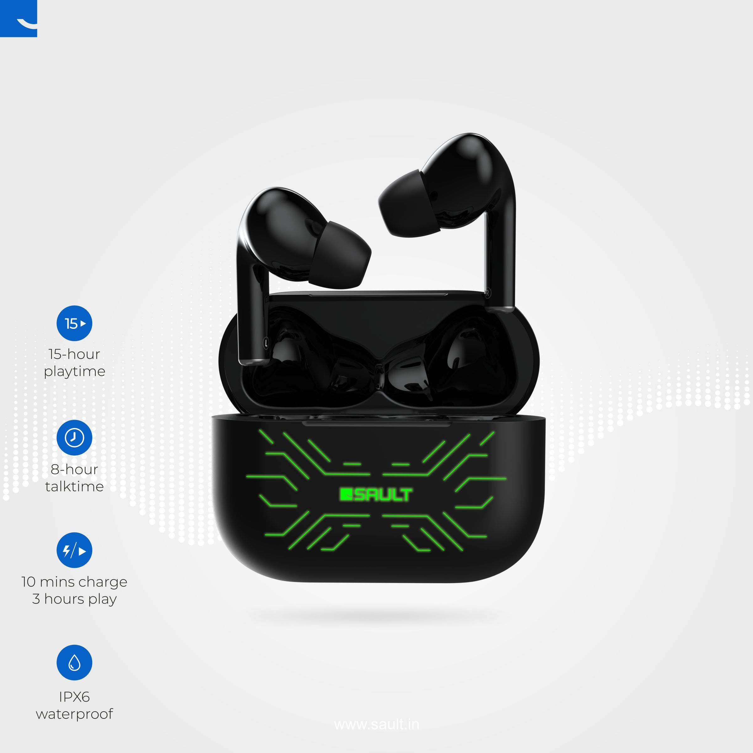 SAULT Airplugs 3x TWS Earbuds with Noise Isolation (IPX6 Water Resistant, Voice Assistant, Black)_12