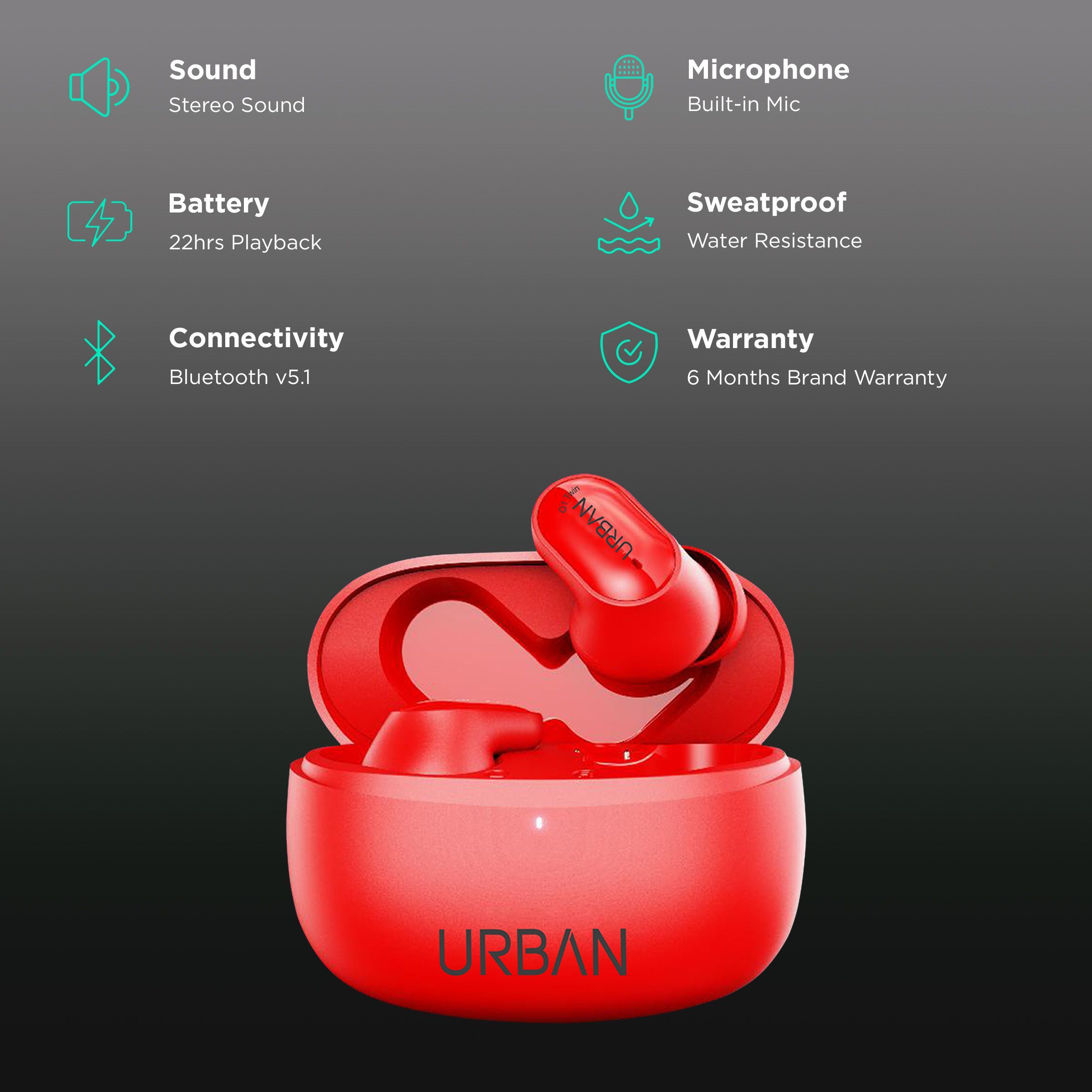 in base Urban Q1 Twin IB-2857 TWS Earbuds (Water Resistant, Up to 4.5 Hours Playtime, Red)_2