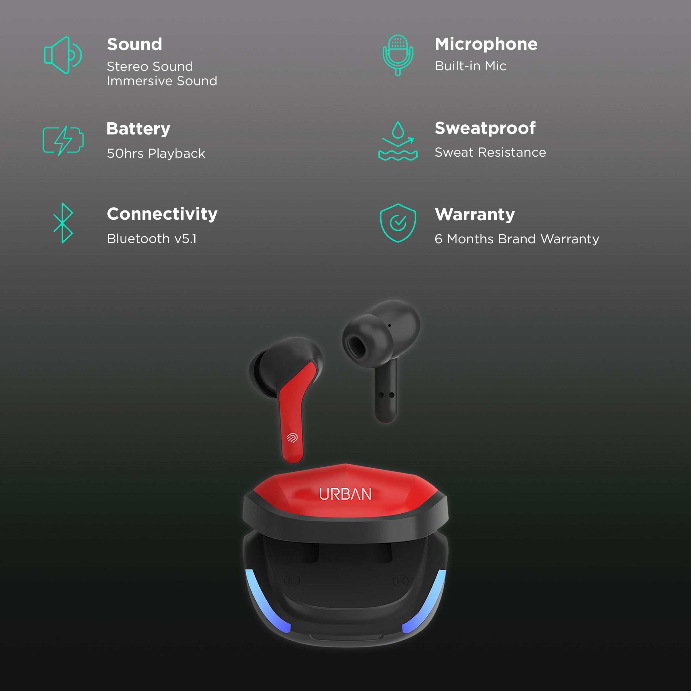 in base Urban Q Max IB -3248 TWS Earbuds (Sweat Resistant, Up to 7 Hours Playtime, Red)_2