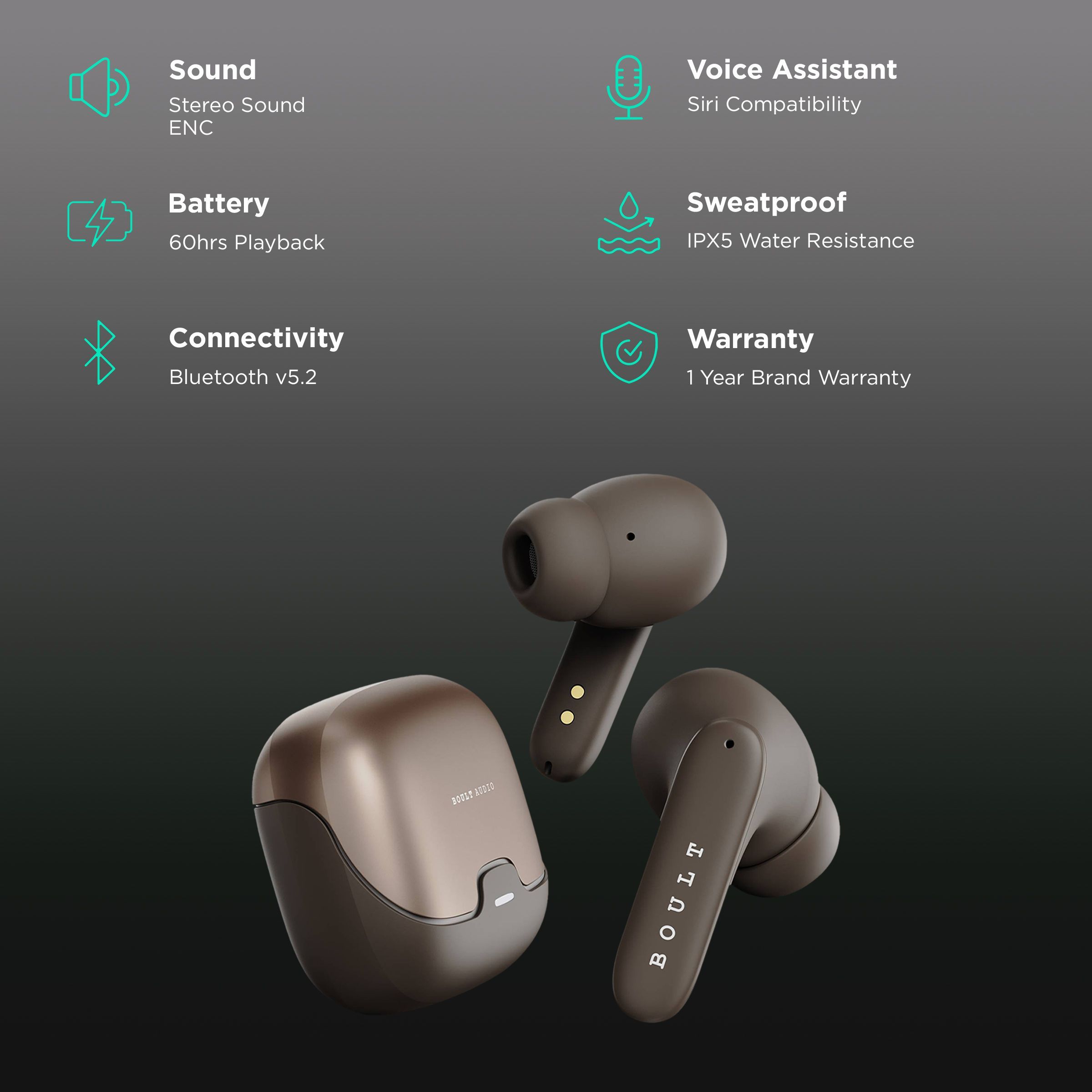 GOBOULT AirBass Z40 TWS Earbuds with Environmental Noise Cancellation (IPX5 Water Resistant, Voice Assistant, Brown)_2