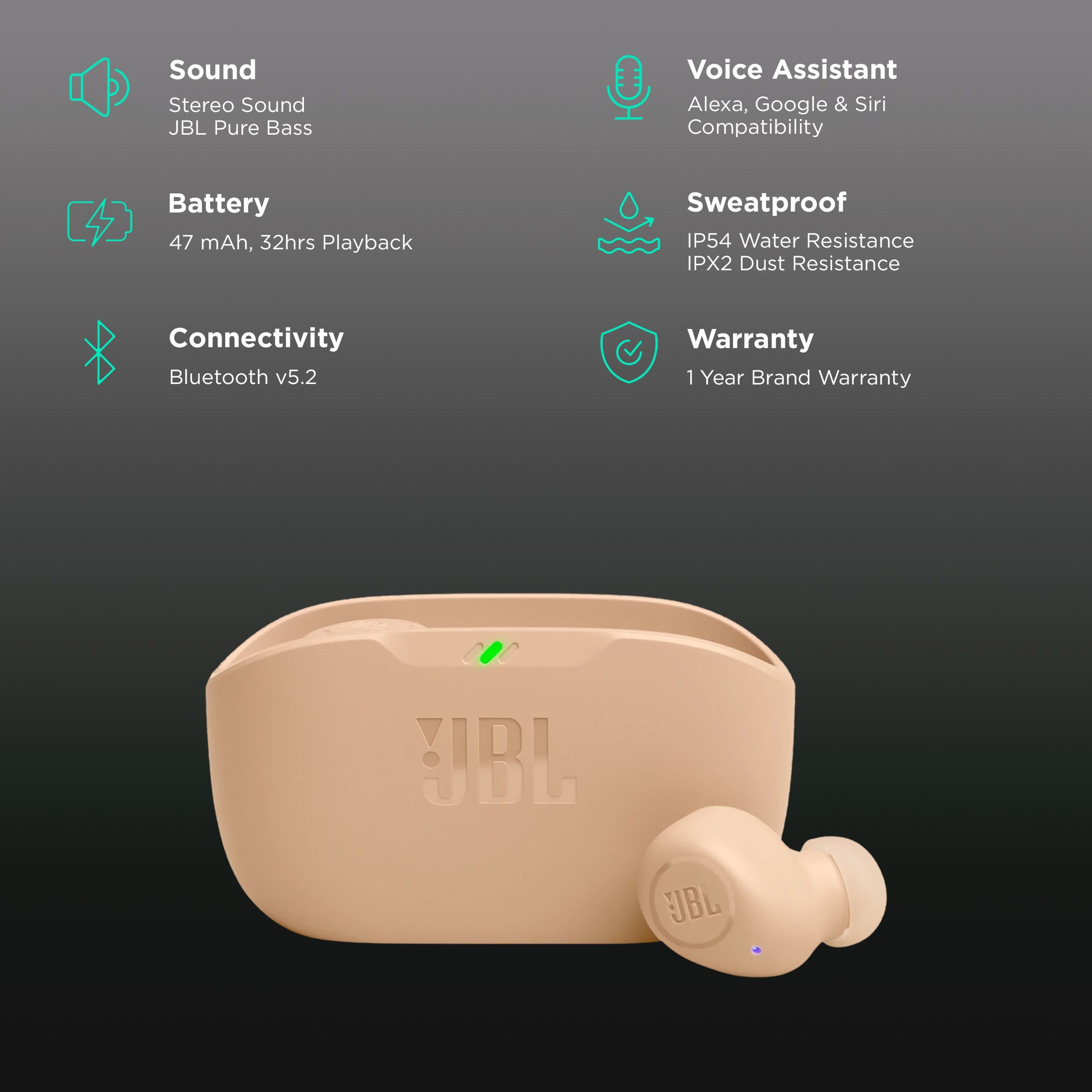 JBL Wave Buds TWS Earbuds (Water Resistant, Deep Bass Sound, Beige)_2