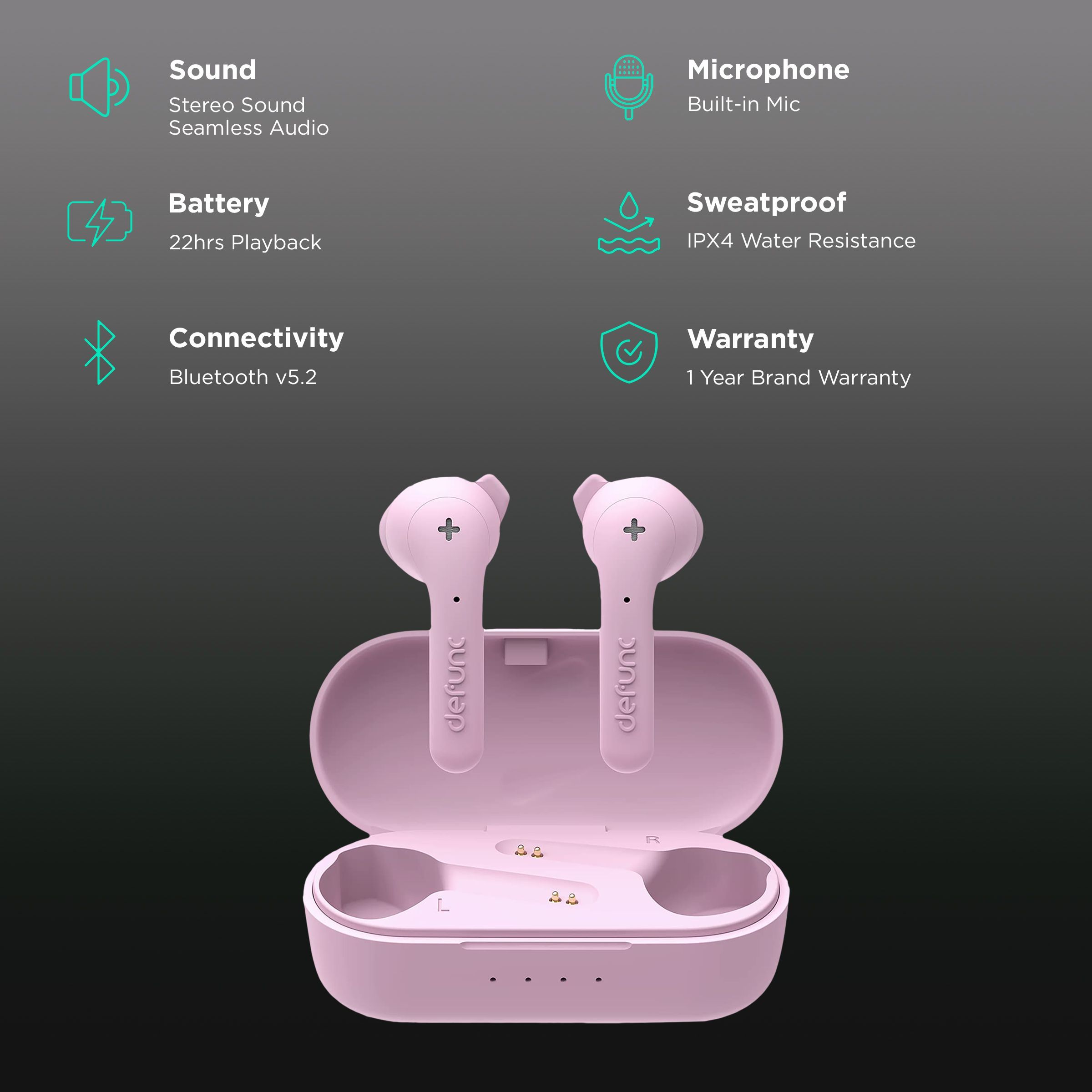 defunc True Music TWS Earbuds (IPX4 Water Resistant, Upto 22 Hours Playback, Pink)_2